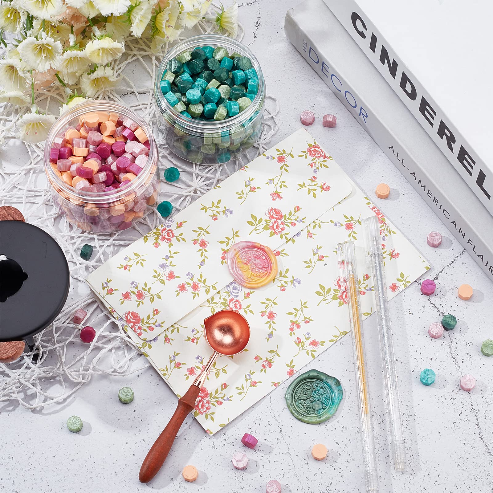 Premium Wax Seal Kit with Iron Wax Furnace - 240pcs Wax Beads, Spoon, 4 Pens & 6 Candles - Perfect for Wedding Invitations, Valentine's Gifts & DIY Crafting (Purple, Red, Teal, Green, Pink) - Elegant Sealing Solution for Letters, Cards & Special Occasions