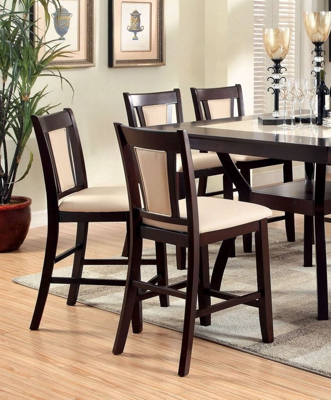 Modern Set of 2 Bar Stools - Dark Cherry & Ivory Solid Wood Counter Height Chairs with Padded Leatherette Seats - Kitchen Island & Dining Room Furniture for Breakfast Nook, Home Bar & Small Space Decor