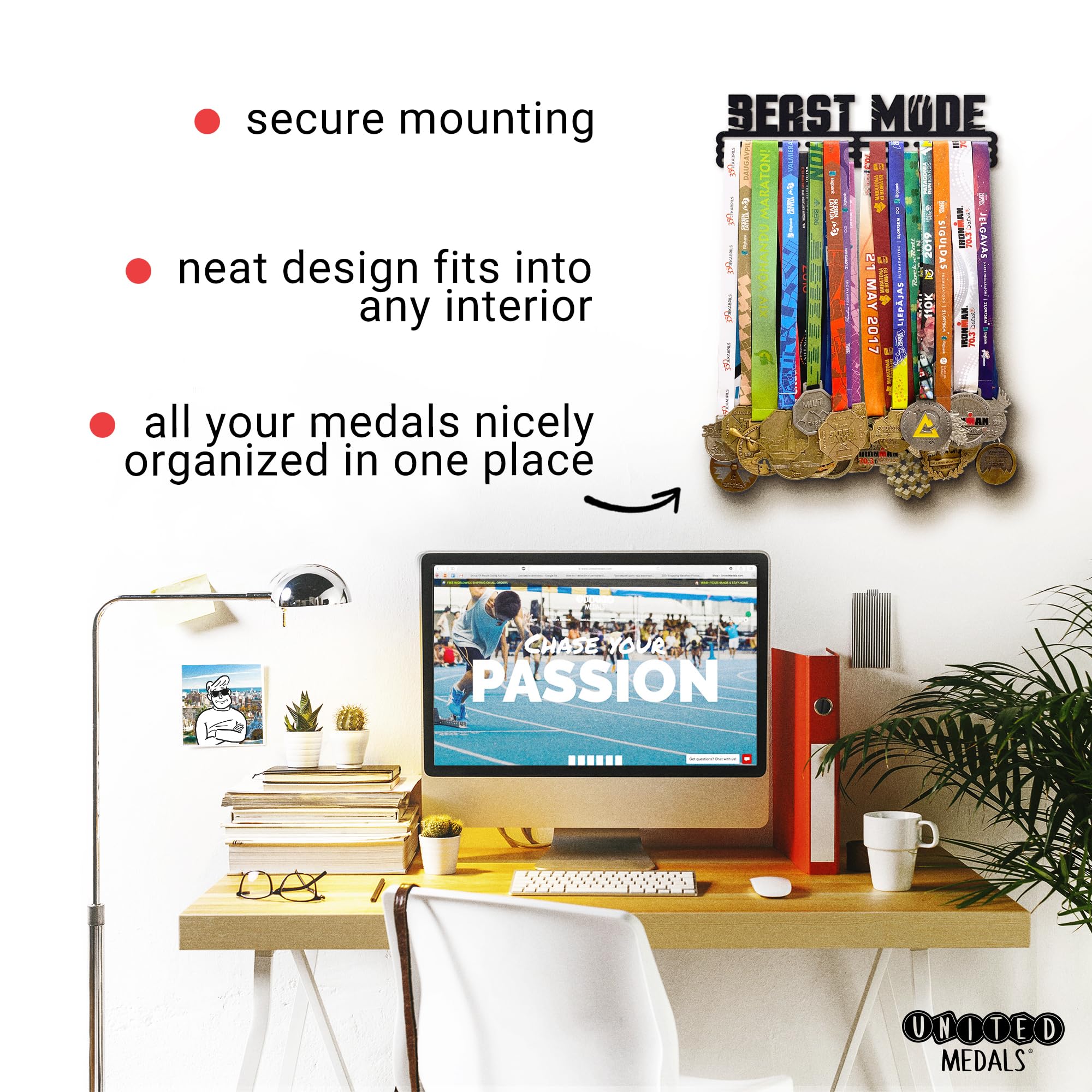 Beast Mode Steel Medal Hanger Display Rack - Premium Wall Mounted Award Organizer for Sports Trophies, Military Medals & Competition Ribbons - Perfect for Home, Office or Gym Decoration