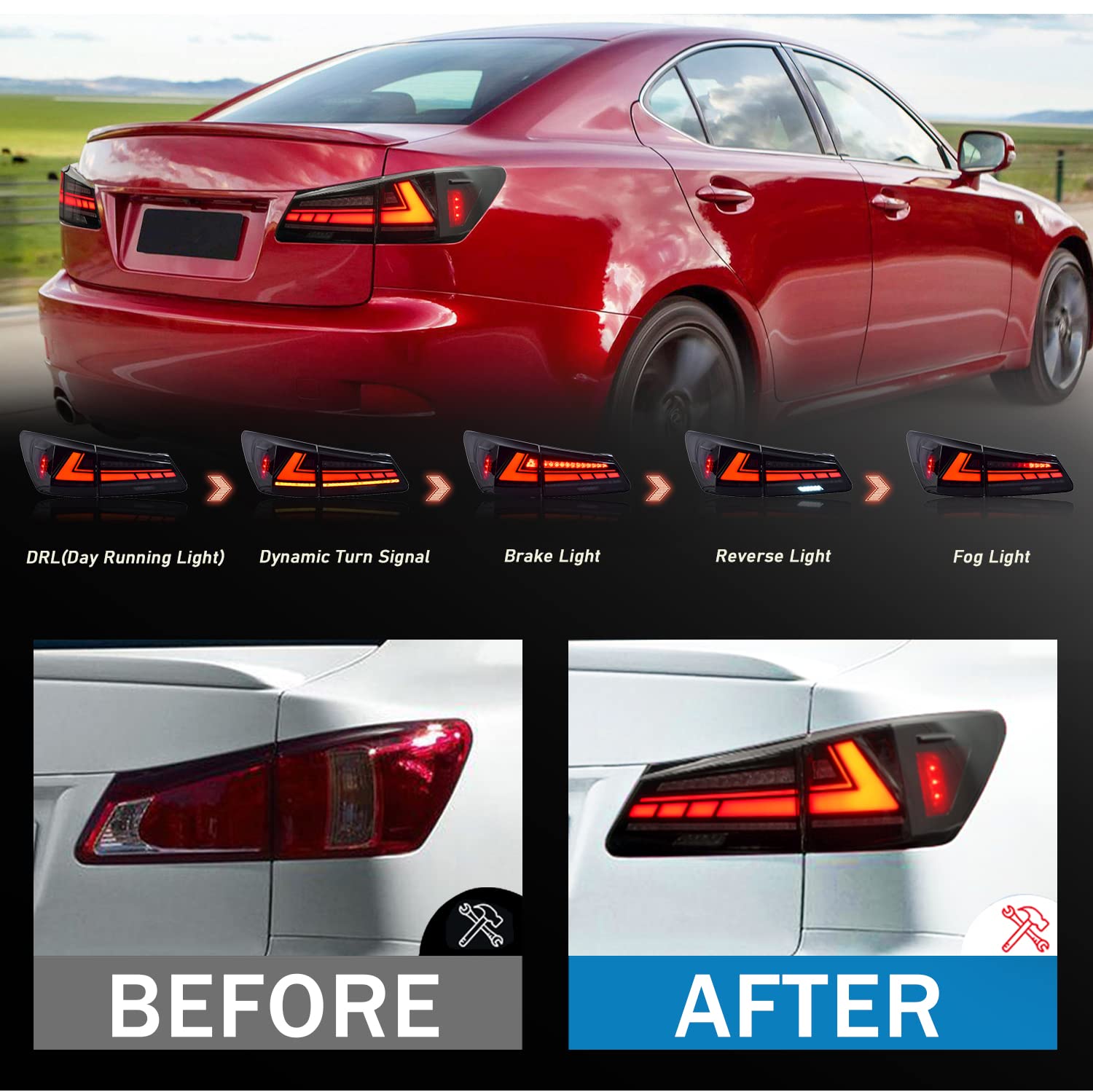 HCMOTIONZ LED Tail Lights Assembly for 2006-2013 Lexus IS250 IS350 ISF Sedan - Plug-and-Play Taillamp with Startup Animation, DRL & Reverse Lights - Direct Replacement for OEM - Perfect for Night Driving & Car Customization