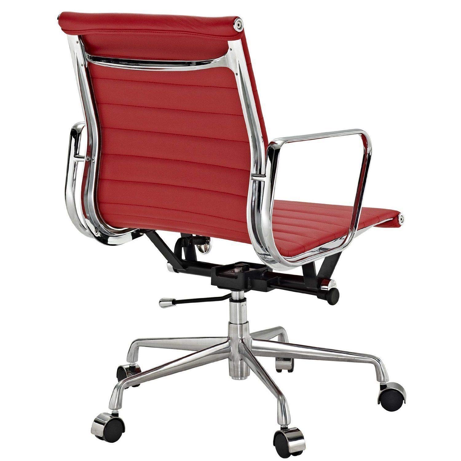 AG Ribbed Mid Back Office Chair - Premium Italian Leather (Red) - Ergonomic Design for Home & Office Workspaces