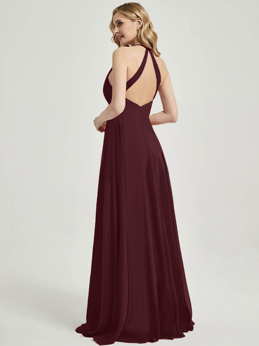 Elegant Cabernet Pleated Halter V-Neck Backless Maxi Chiffon Bridesmaid Dress - Perfect for Weddings, Formal Events & Evening Parties