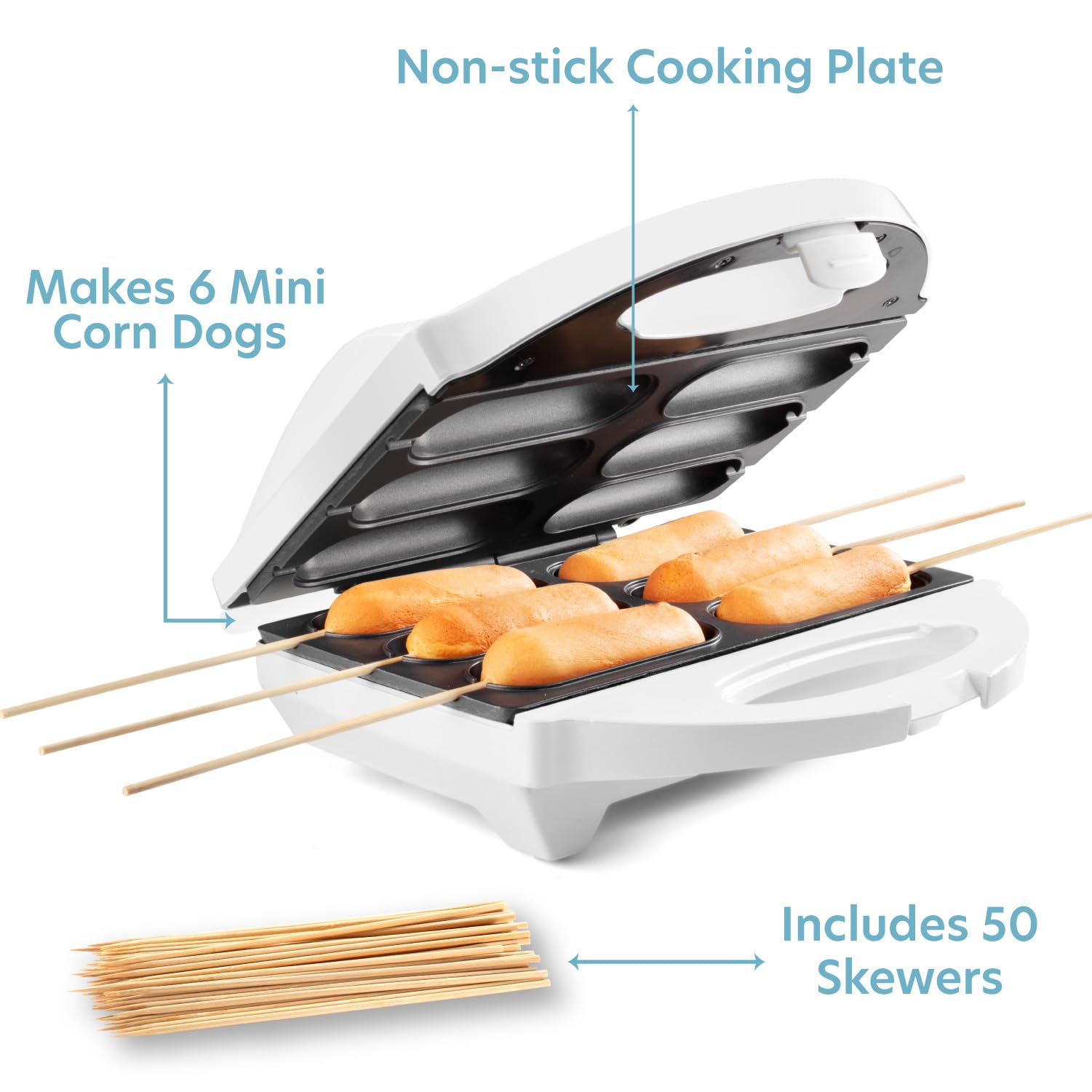 Electric Corn Dog Maker with Nonstick Coating - 6 Mini Hot Dogs on a Stick, Mozzarella Cheese Sticks & Cake Pops Maker - Includes 50 Skewers & Recipe Book - Perfect for Parties, Snacks & Family Fun - Great Gift for Kids & Food Lovers - Ideal for Game Nights, Birthday Celebrations & Holiday Gatherings