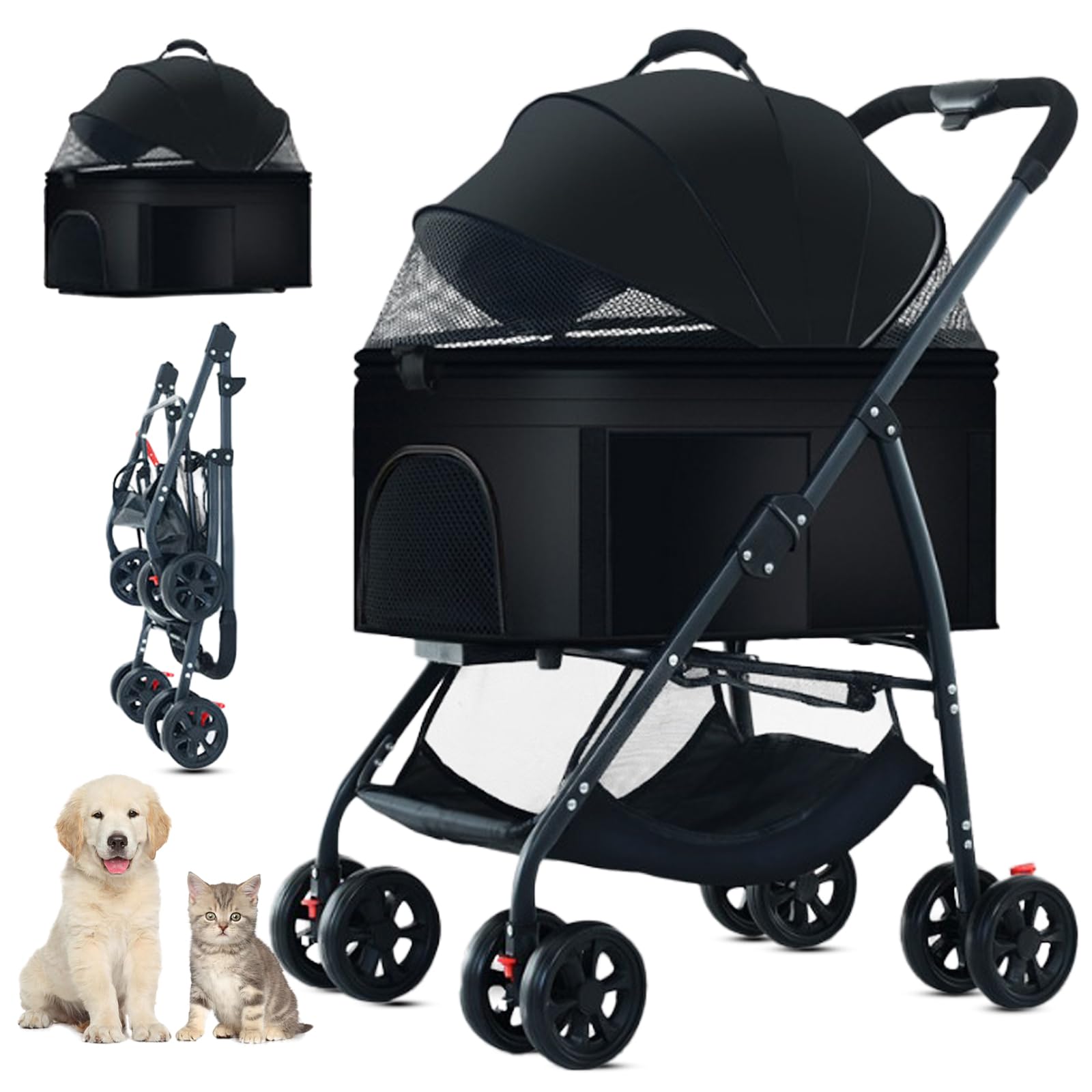 3-in-1 Pet Stroller for Dogs & Cats - Convertible Dog Wagon with Removable Carrier, Folding Design for Medium Pets Up to 55lbs (Black) - Perfect for Park Walks, Vet Visits & Shopping Trips