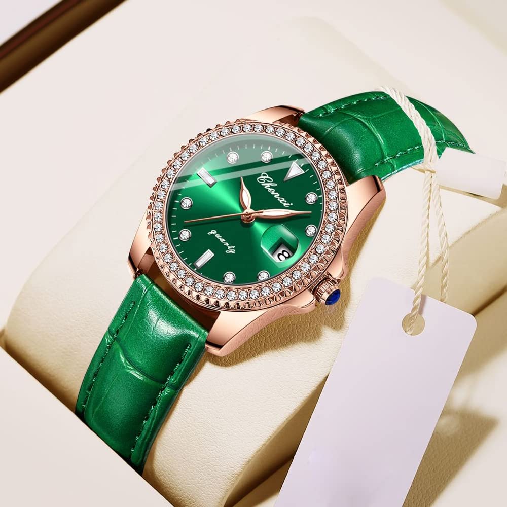 Luxury Green Iced Out Women's Watch - Quartz Movement, Crystal Rhinestone Diamond, Leather Strap | Elegant Wristwatch for Women | Perfect for Parties, Weddings & Special Occasions