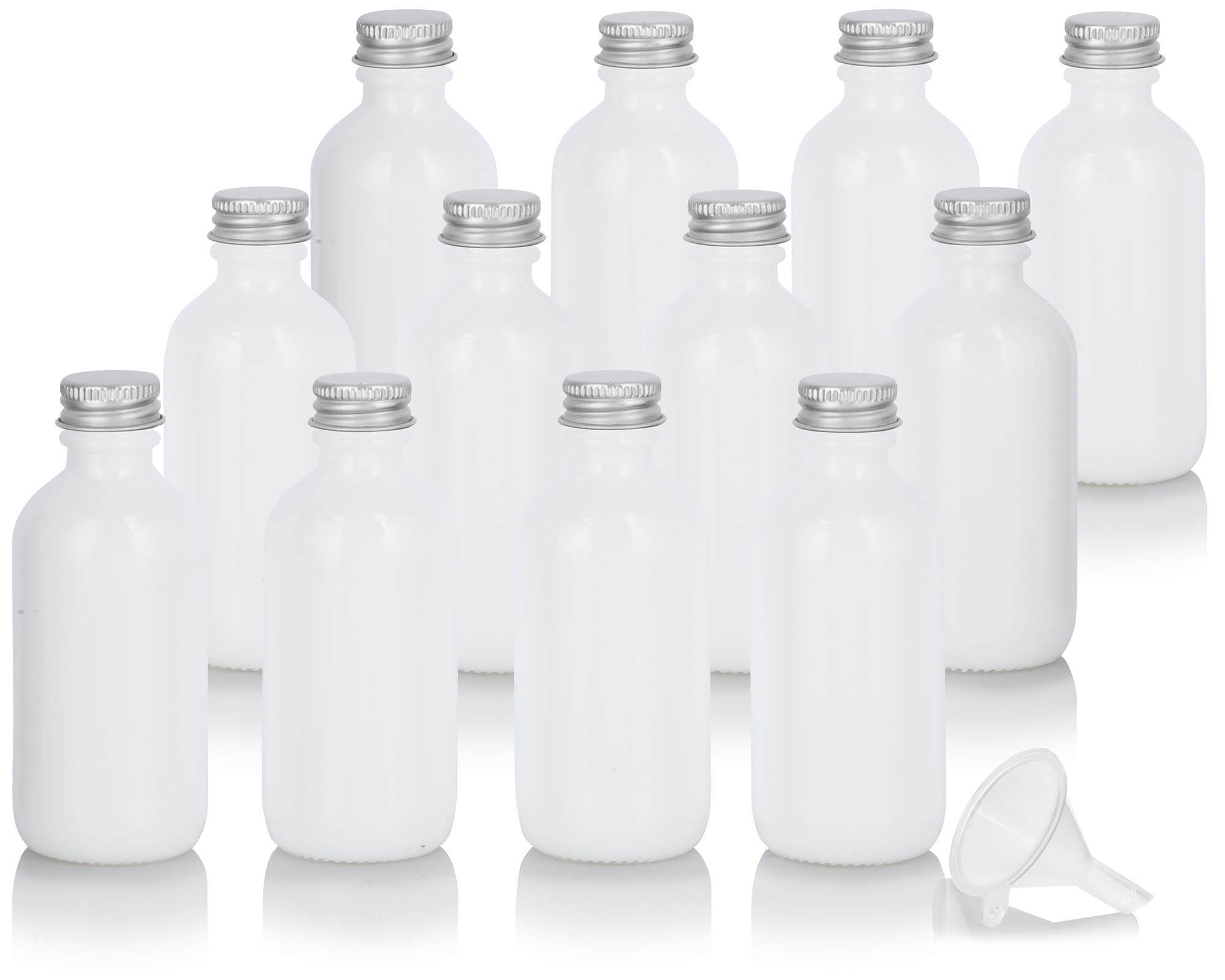 JUVITUS 2 oz Opal White Glass Boston Round Bottle with Silver Screw On Cap (12 Pack) + Funnel - Essential Oil Bottles, DIY Perfume Containers, Travel Toiletry Storage - Perfect for Aromatherapy, Crafting & Home Organization