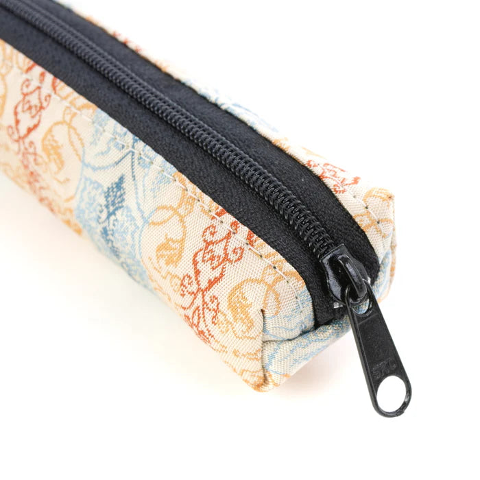 Nishijin Ori Pencil Case - Grapevine Arabesques in White & Brown | Handmade in Kyoto, Japan | Traditional Japanese Craft Pen Holder for School, Office & Art Supplies