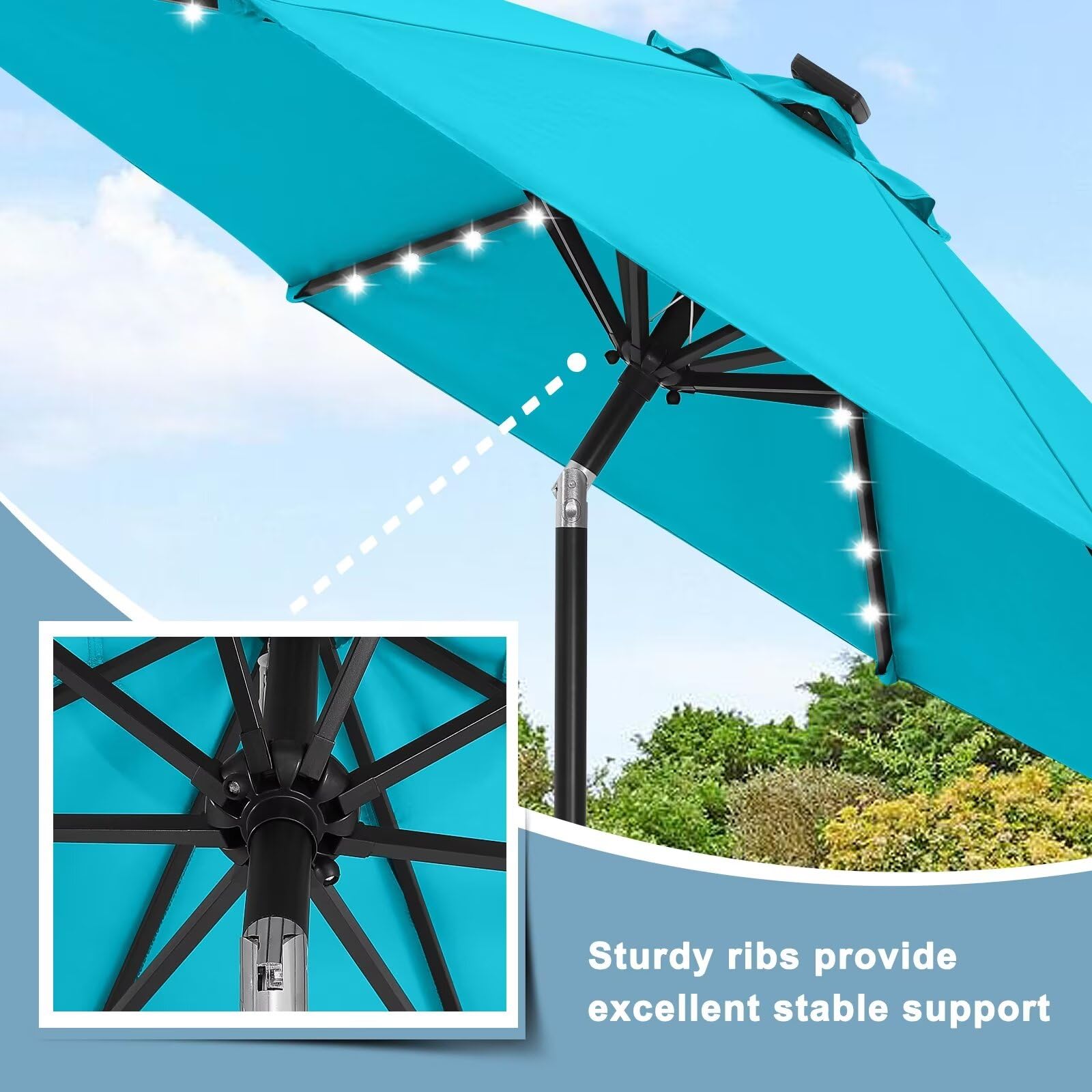 **ABCCANOPY 9FT Solar LED Patio Umbrella - Durable Outdoor Shade with 32 LED Lights (Turquoise) - Perfect for Backyard, Poolside, and Garden Relaxation**