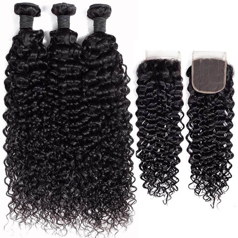 Eullair 3/4 PCS Curly Hair Bundles with 4x4 5x5 6x6 HD Lace Closure - Brazilian Virgin Human Hair Extensions for Natural Look & Styling - Perfect for Daily Wear, Parties & Special Occasions