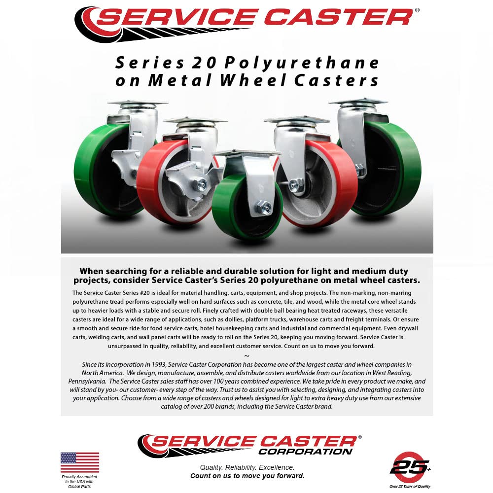 6 Inch Swivel Caster Wheels with Polyurethane Tread & Cast Iron Core – 1800 lbs Capacity – Heavy Duty Roller Bearing Casters (Set of 4) – Ideal for Industrial Carts, Warehouse Equipment & Moving Dollies