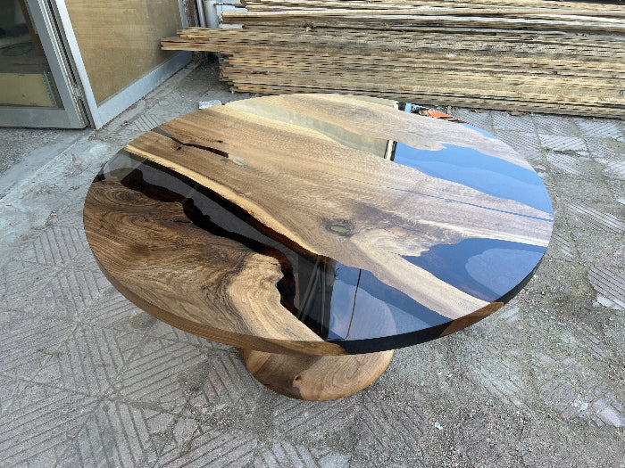 Handmade Custom Round Epoxy Resin Walnut Dining Table with Solid Wood Base - Perfect for Kitchen, Dining Room, and Modern Home Decor