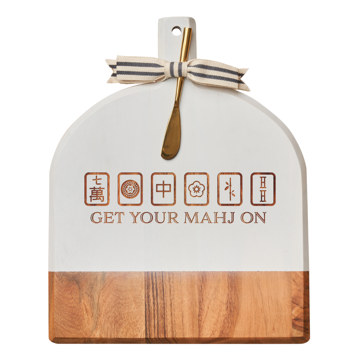Premium Acacia Wood Bevel Board Set - White with Ribbon & Gold Spreader Knife for Mahjong Enthusiasts | 15 x 12 x 0.6 Inches | Perfect for Game Nights, Parties & Family Gatherings