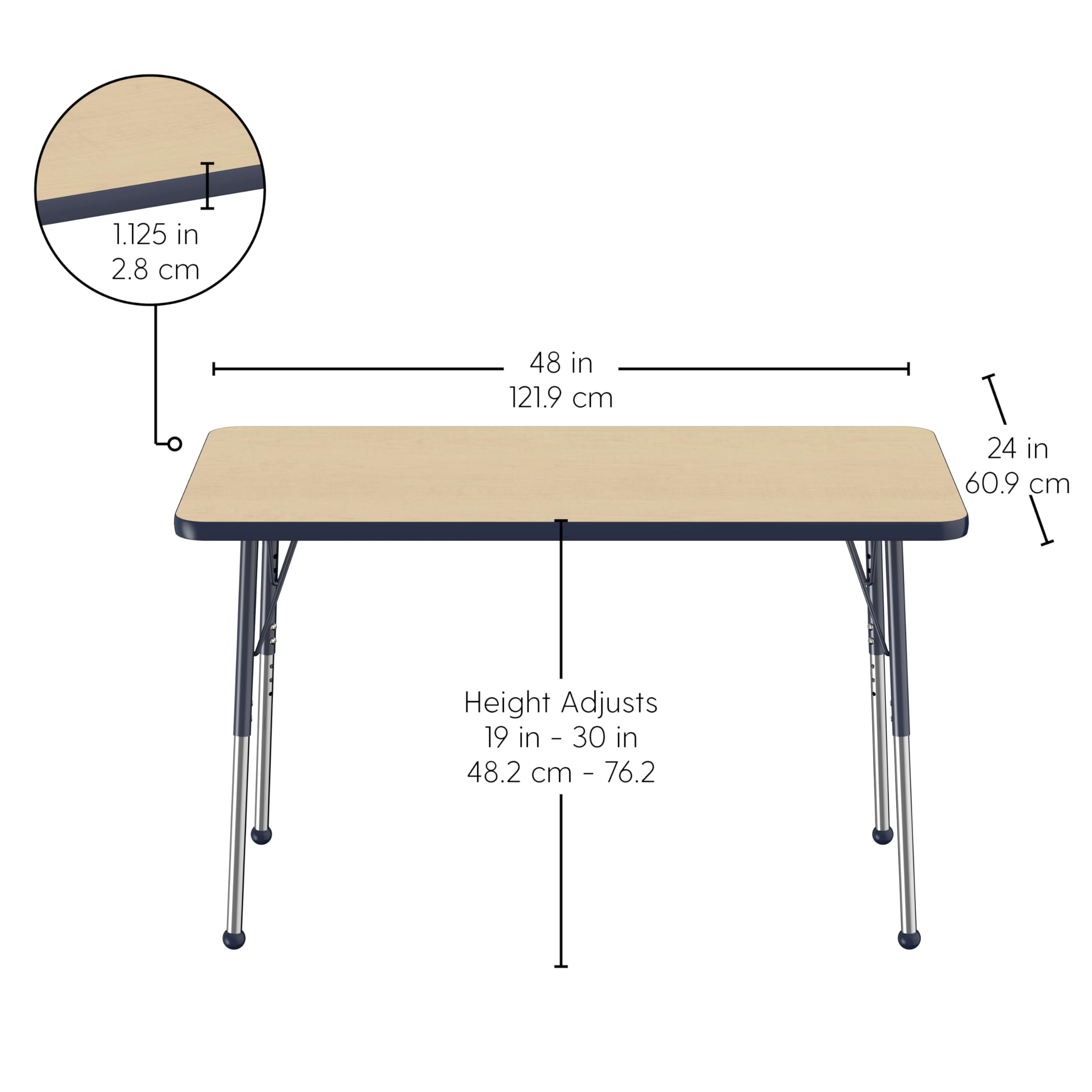 Adjustable Height Rectangle Activity Table 24x48 Inch - Maple Top with Navy Edge, School & Office Desk with Standard Legs & Ball Glides (19-30