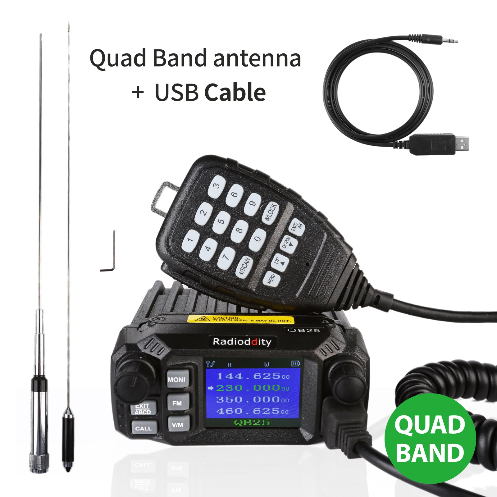 QB25 Pro Quad Band Mini Mobile Radio with Cable & 50W Antenna - Compact Portable CB Radio for Truckers, Off-Roading & Emergency Communication