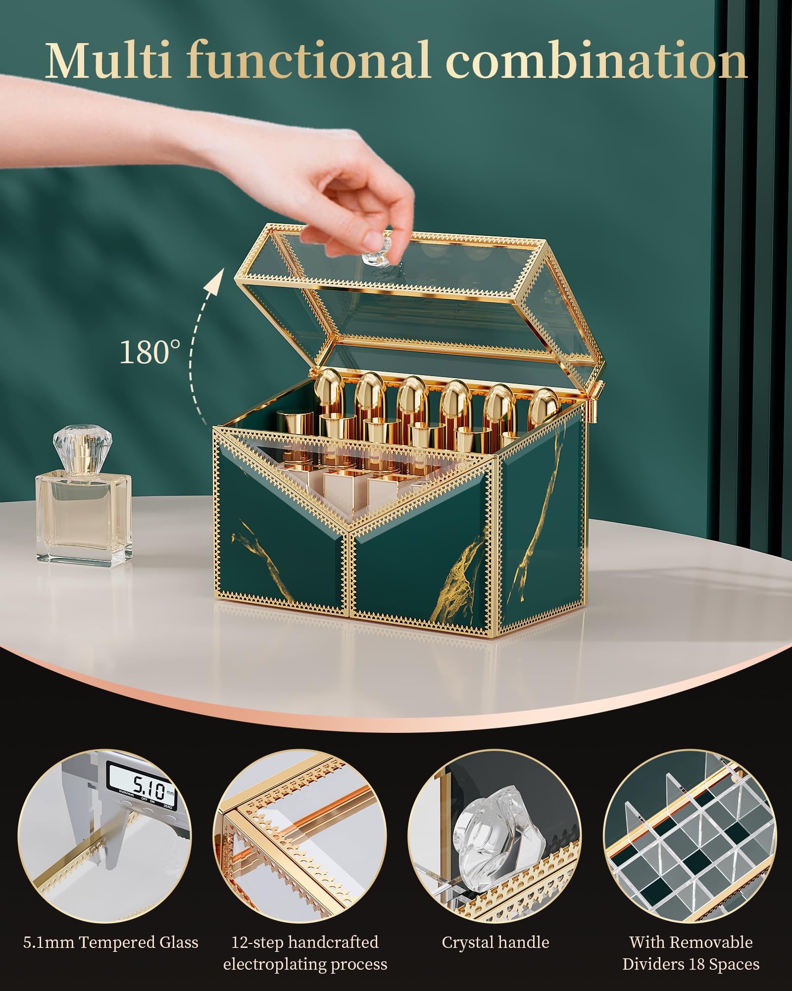 Premium Lipstick Organizer - 18-Slot Tempered Glass Cosmetic Holder for Lipsticks & Nail Polishes | Luxury Vanity Storage with Removable Dividers | Perfect for Makeup Counter, Bathroom & Dressing Table Organization (Green)