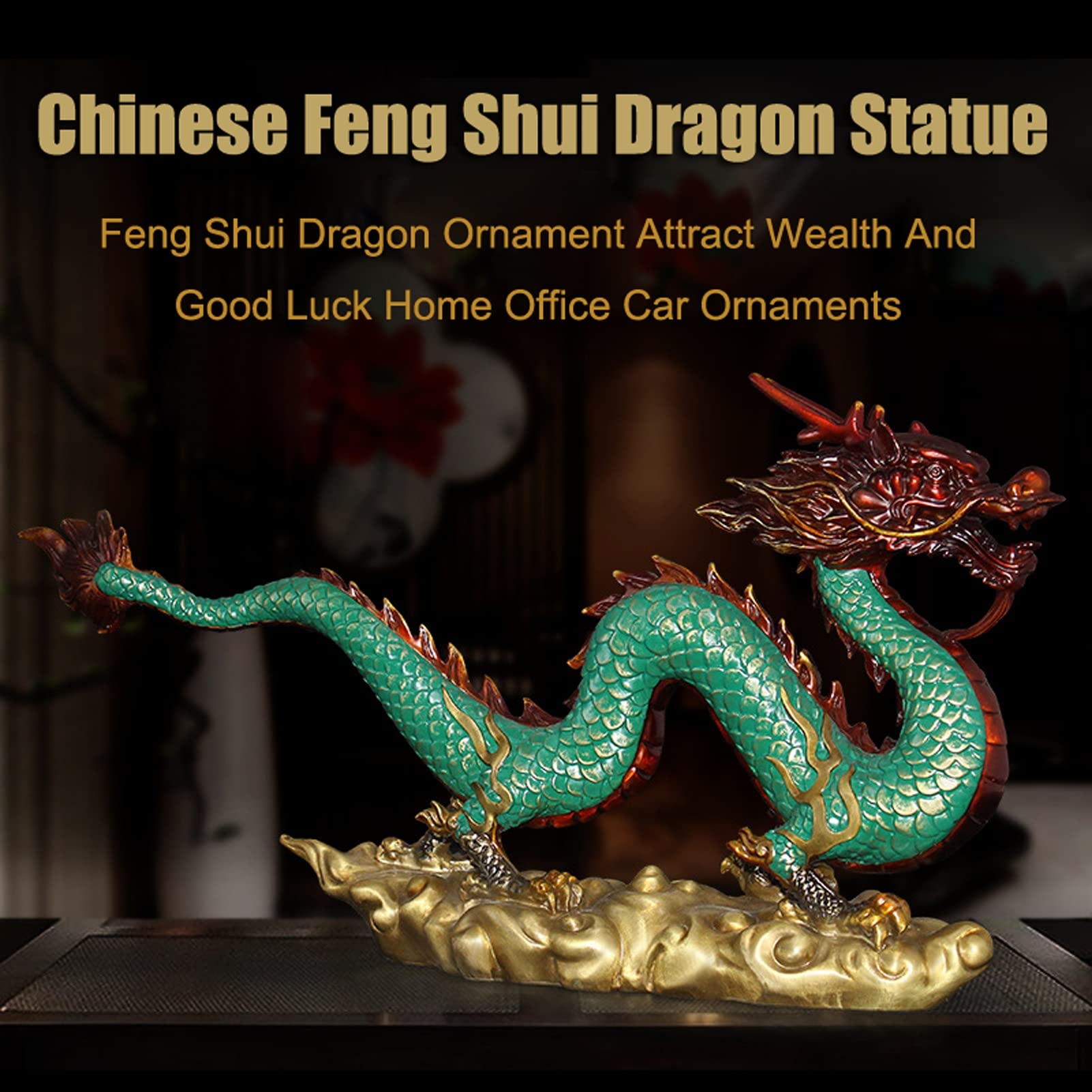 Feng Shui Dragon Statue for Good Luck & Success - Brass Zodiac Dragon Sculpture Home Office Decor - Chinese Dragon Figurine Tabletop Ornament - Perfect Gift for Housewarming, Office Desk & Wealth Attraction
