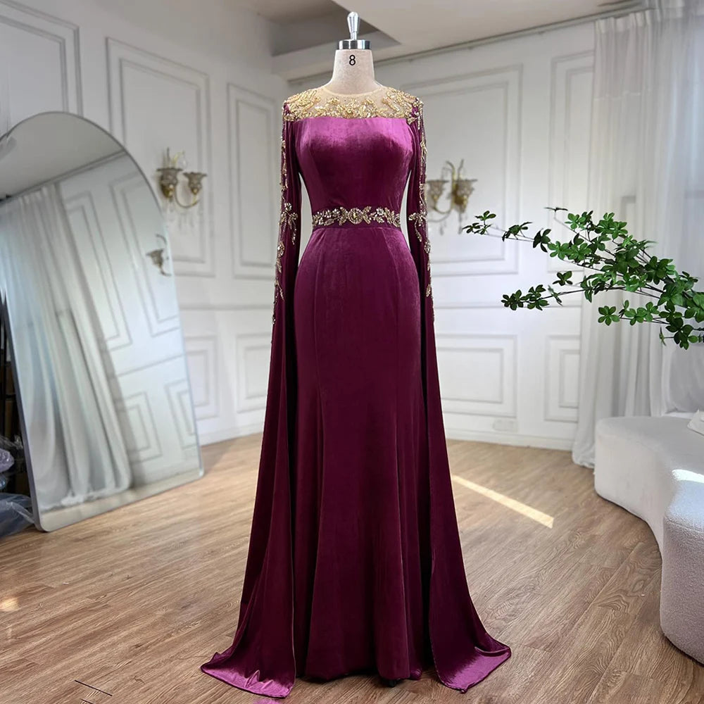 Elegant Beaded Muslim Green Velour Evening Gown with Cape Sleeves for Women - 2025 Mermaid Party Dress LA71452 | Perfect for Weddings, Galas & Formal Events