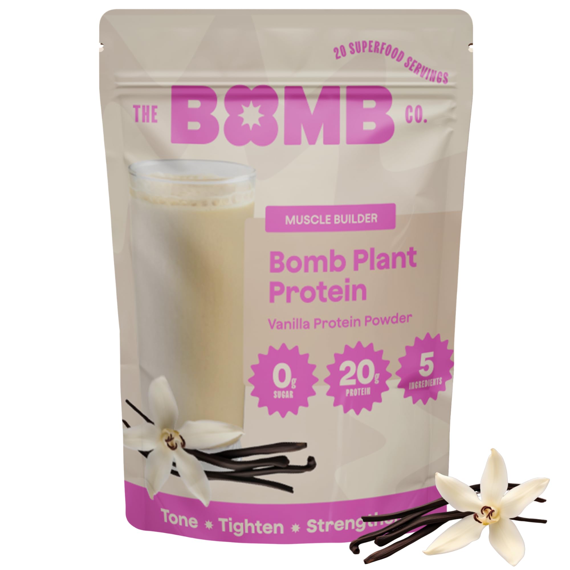 The Bomb Co. Bomb Plant Protein Powder - 20g Pea Protein, Amino Acids, Zero Sugar, Gluten Free with Chia & Pumpkin Seeds - Vanilla & Monk Fruit Flavor (20 Servings) | Perfect for Post-Workout Recovery, Smoothies & Healthy Meal Replacement