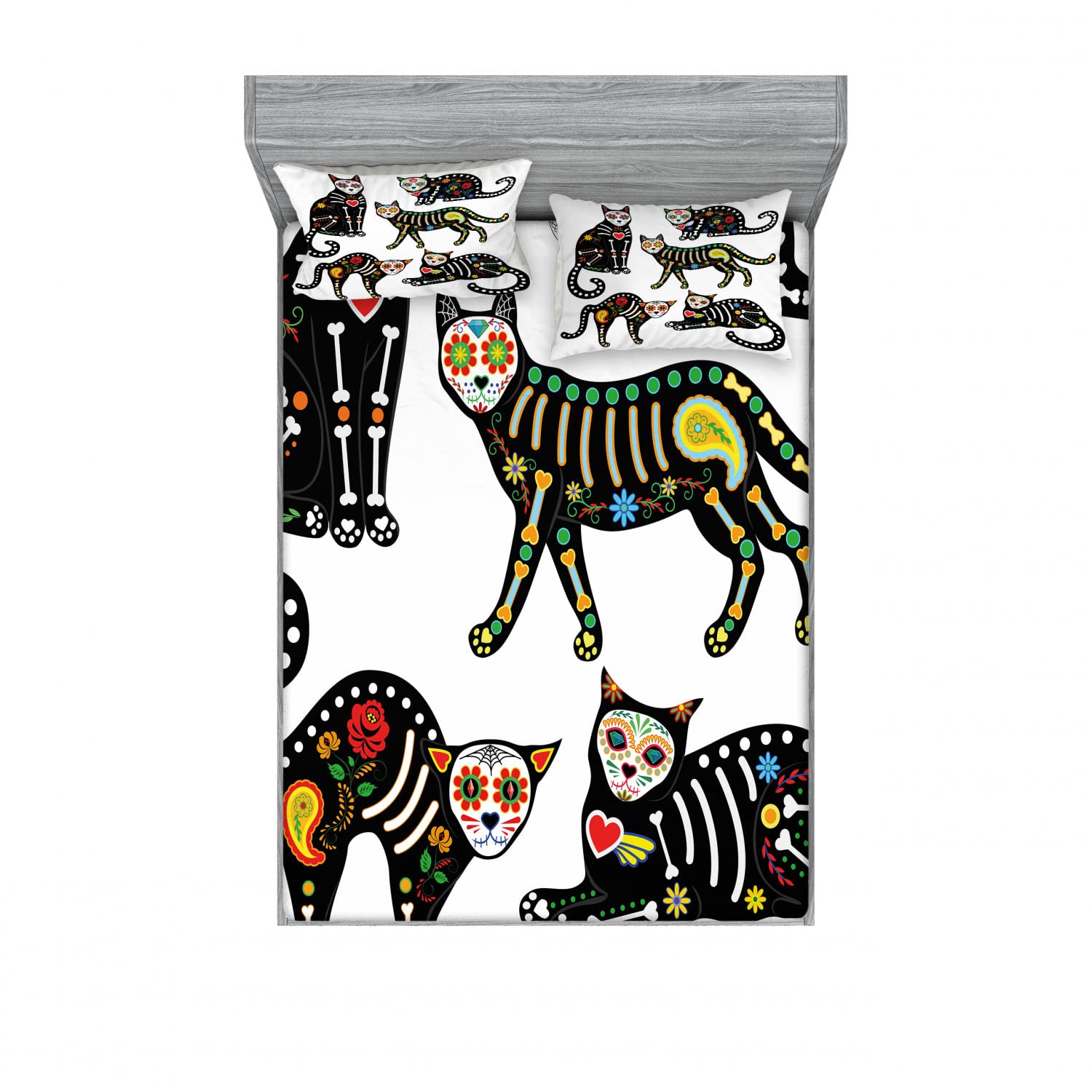 Ambesonne Sugar Skull Queen Size 2-Pack Fitted Sheet & Pillow Sham Set - Gothic Black Cat Design, 4-Piece Bedding Decor (2 Fitted Sheets + 4 Pillow Covers) - Vibrant Multicolor for Halloween, Dia de Muertos & Gothic Bedroom Decor