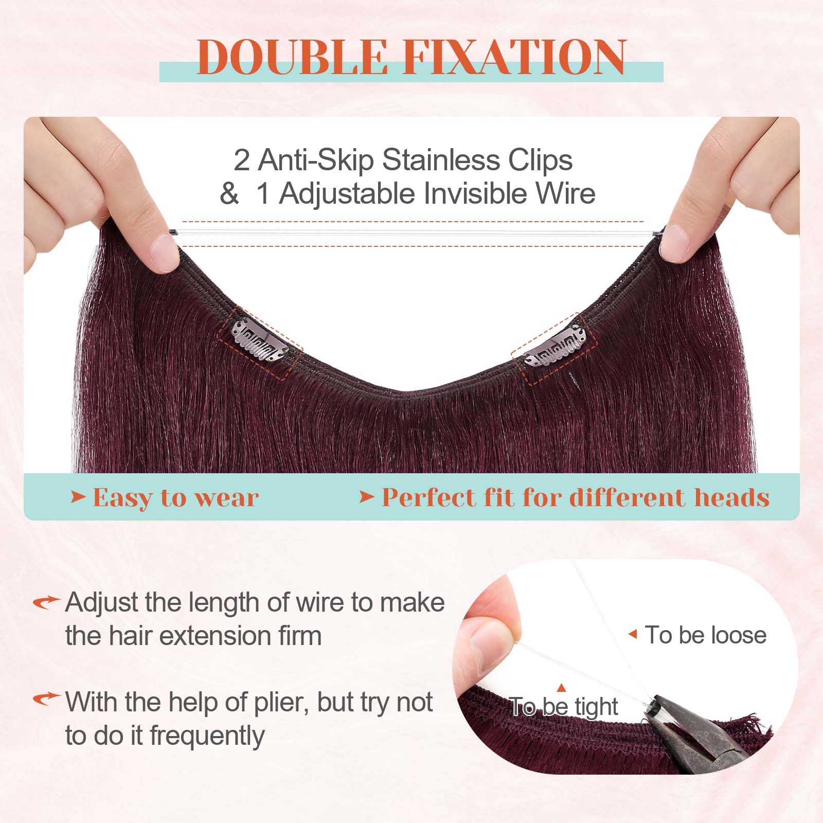 Benehair Halo Hair Extensions 18 Inch - 100% Remy Human Hair with Invisible Wire for Volume & Length - #99J Wine Red - Perfect for Weddings, Parties & Everyday Styling