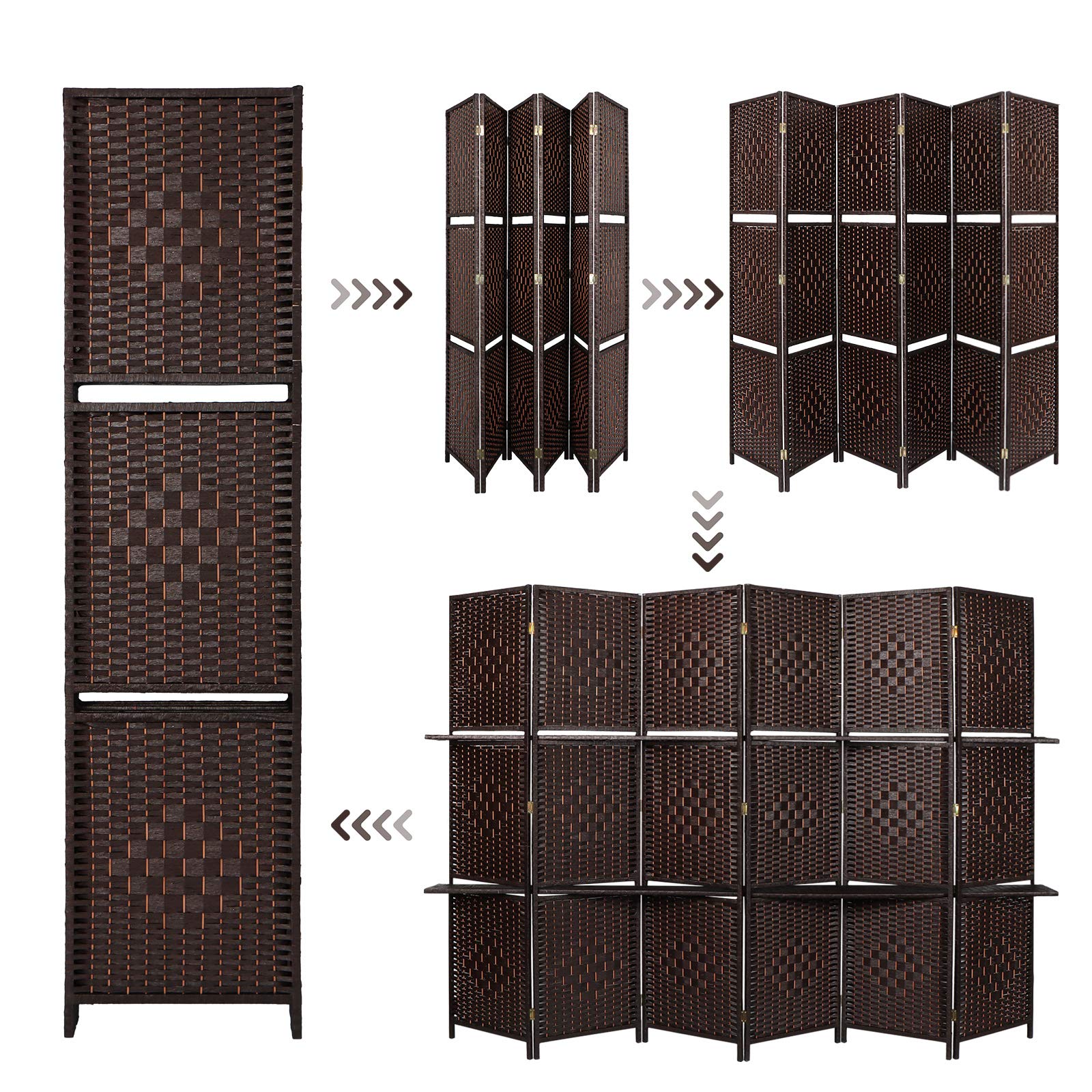 6 Panels 6 FT Tall Extra Wide Woven Fiber Room Divider with 2 Shelves - Double Hinged Folding Privacy Screen - Freestanding Partition for Living Room, Bedroom, Office (Coffee Brown)