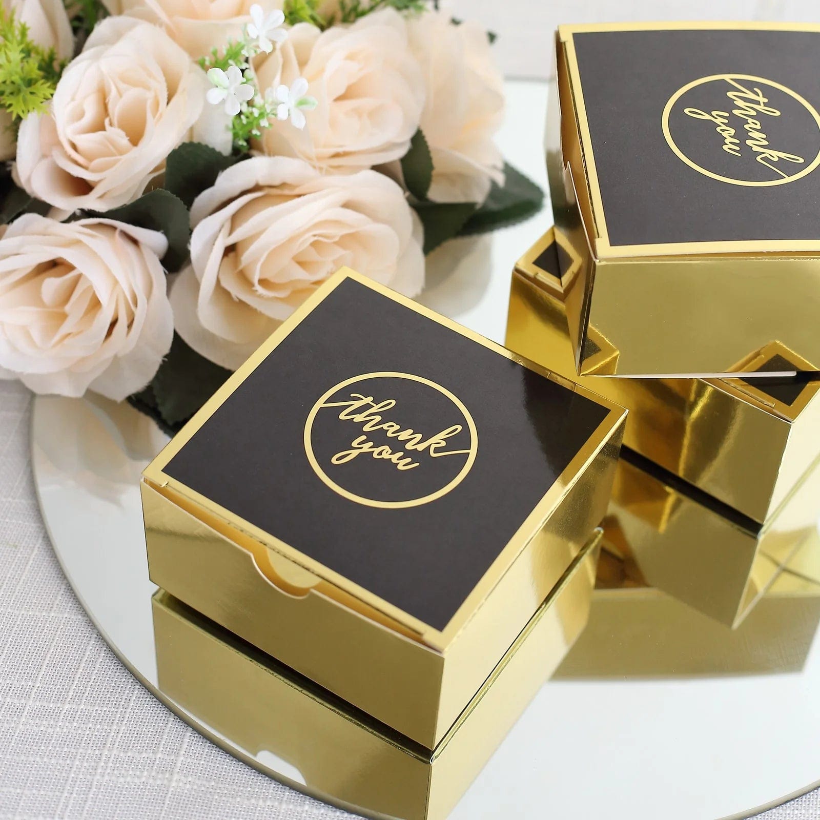 25 Pack 4x4 Inch Square Favor Boxes with Thank You Print - Gold and Black Gift Holders for Weddings, Parties & Special Events