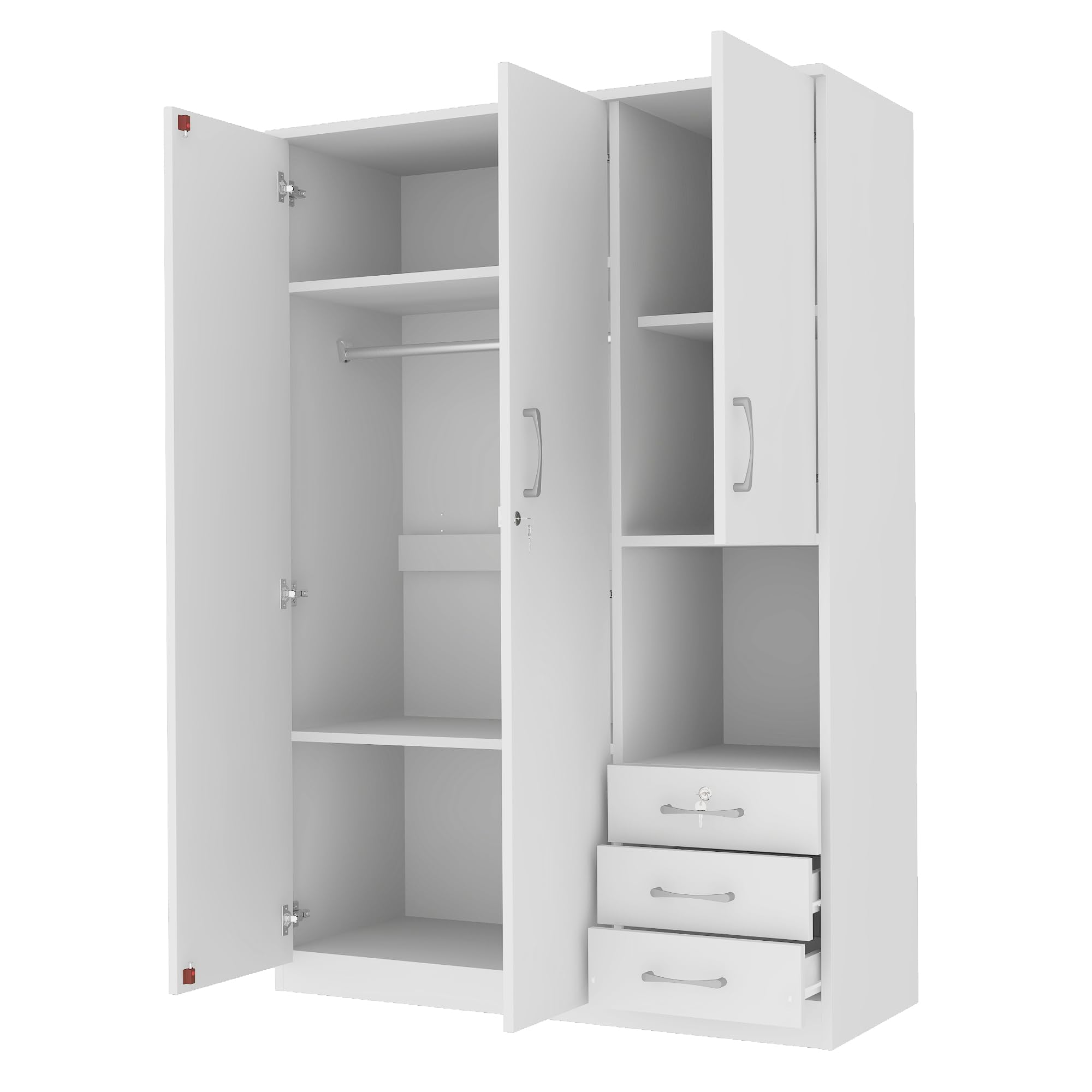 3-Door Wooden Wardrobe Armoire with Shelves, Drawers & Hanging Rod - Modern Bedroom Closet Organizer Storage Cabinet in White - Perfect for Master Bedroom, Guest Room or Dorm Organization