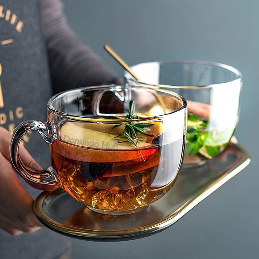 DOMINGO HUB® 2-Pack 440ml Clear Glass Mugs - Heat-Resistant Coffee Cups for Tea, Cappuccino, Espresso, Milk & Soup - Perfect for Home, Office & Restaurant Use
