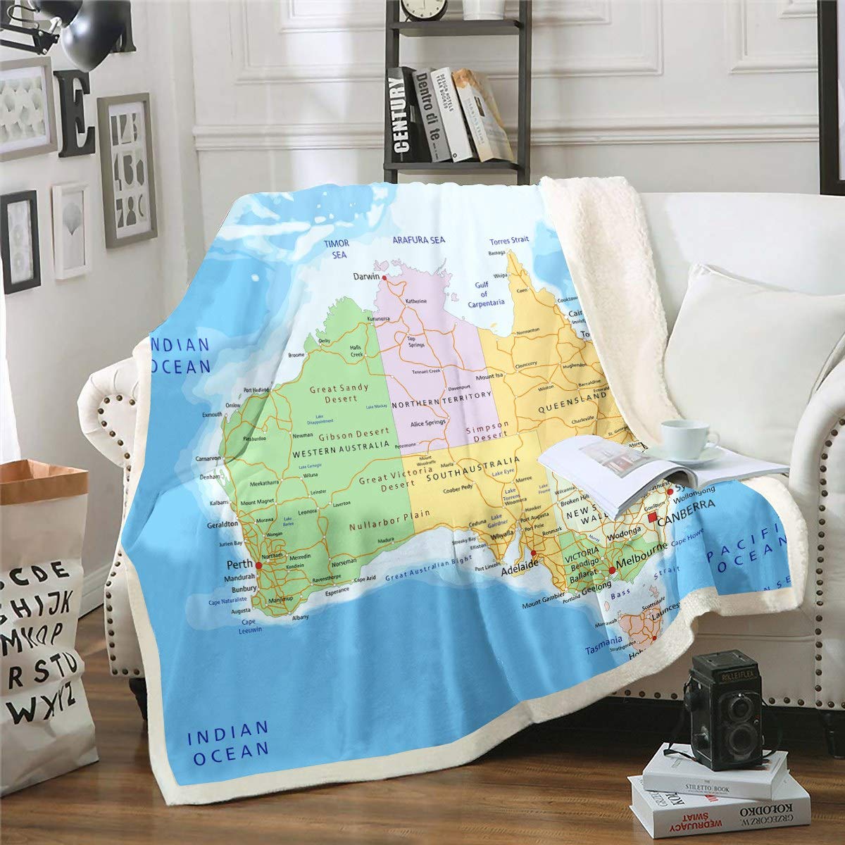 Australia Map Fleece Throw Blanket - World Geography Print Sherpa Blanket for Sofa & Bed | Warm Plush Fuzzy Blanket for Kids & Adults | Blue Ocean Sea Pattern Decor (87