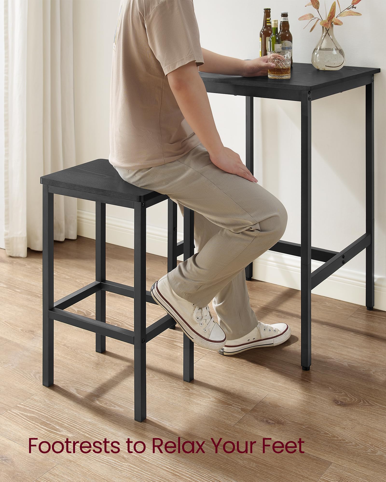 VASAGLE 2-Piece Bar Table and Stools Set, Square Pub Height Dining Table with 2 Stools - Space Saving Kitchen Breakfast Nook, Living Room, Party Room Furniture - Ebony Black & Ink Black - Perfect for Small Apartments, Studio Homes and Entertaining Guests