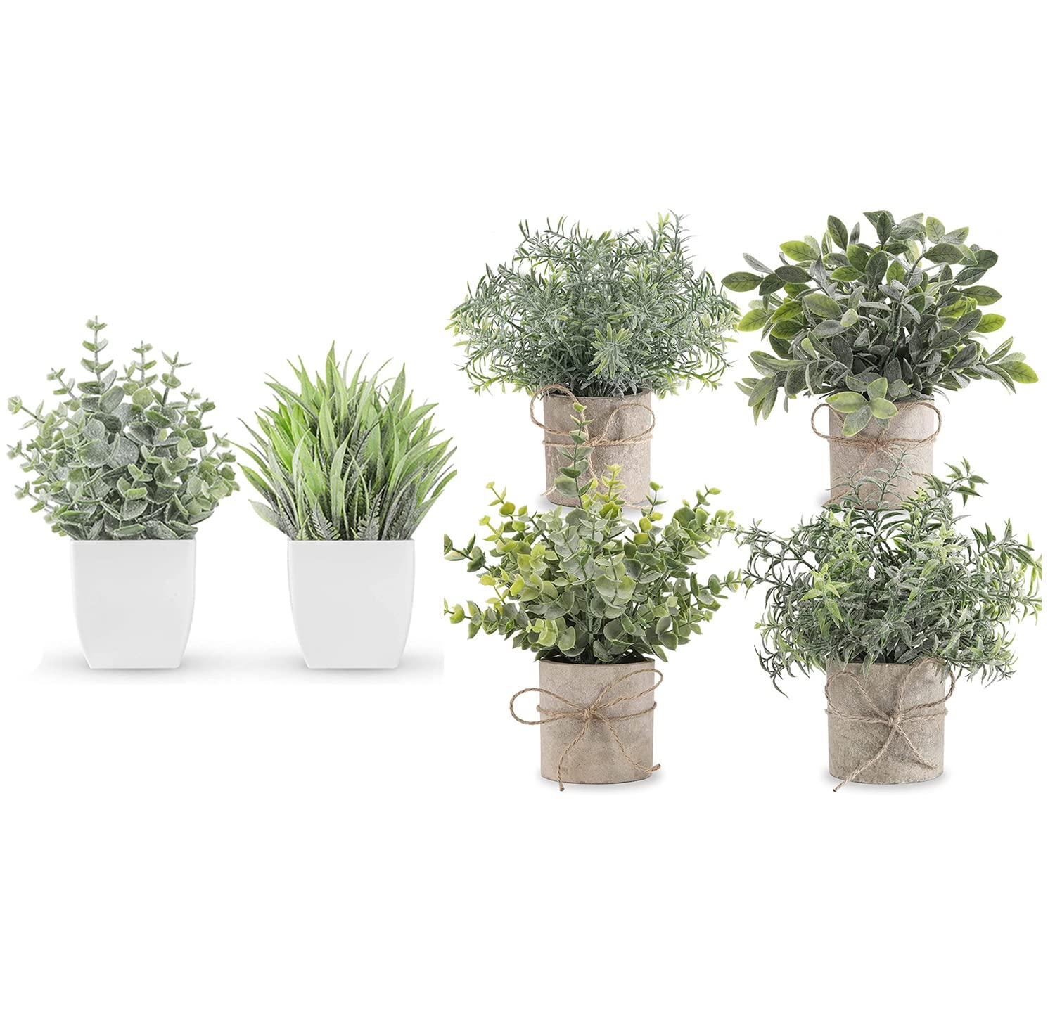 2 Pack Small Fake Plants & 4 Pack Mini Potted Artificial Eucalyptus - Home Office Desk Decor, Farmhouse Style Greenery for Shelves, Tables, and Wedding Centerpieces
