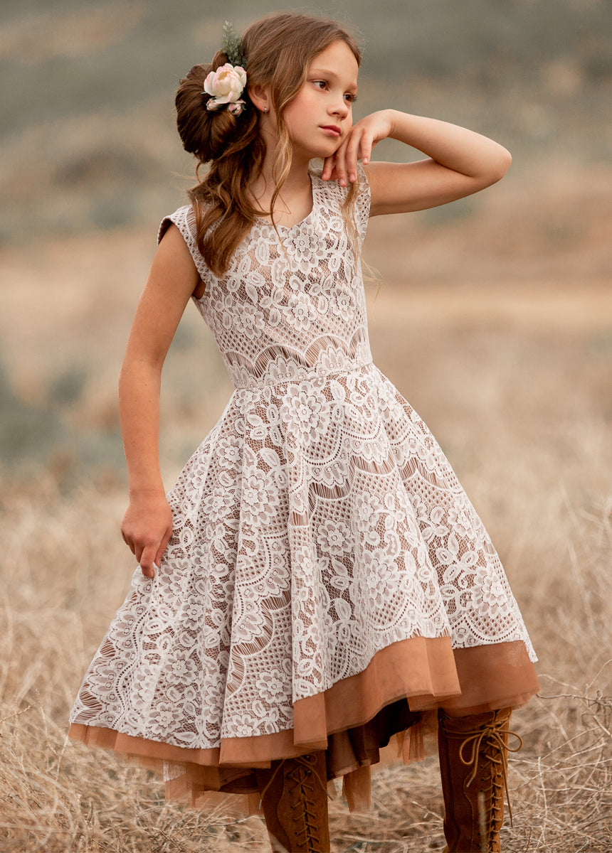 Lezah Flower Girl Dress in Chai - Elegant Lace Tea-Length Dress for Weddings & Special Occasions