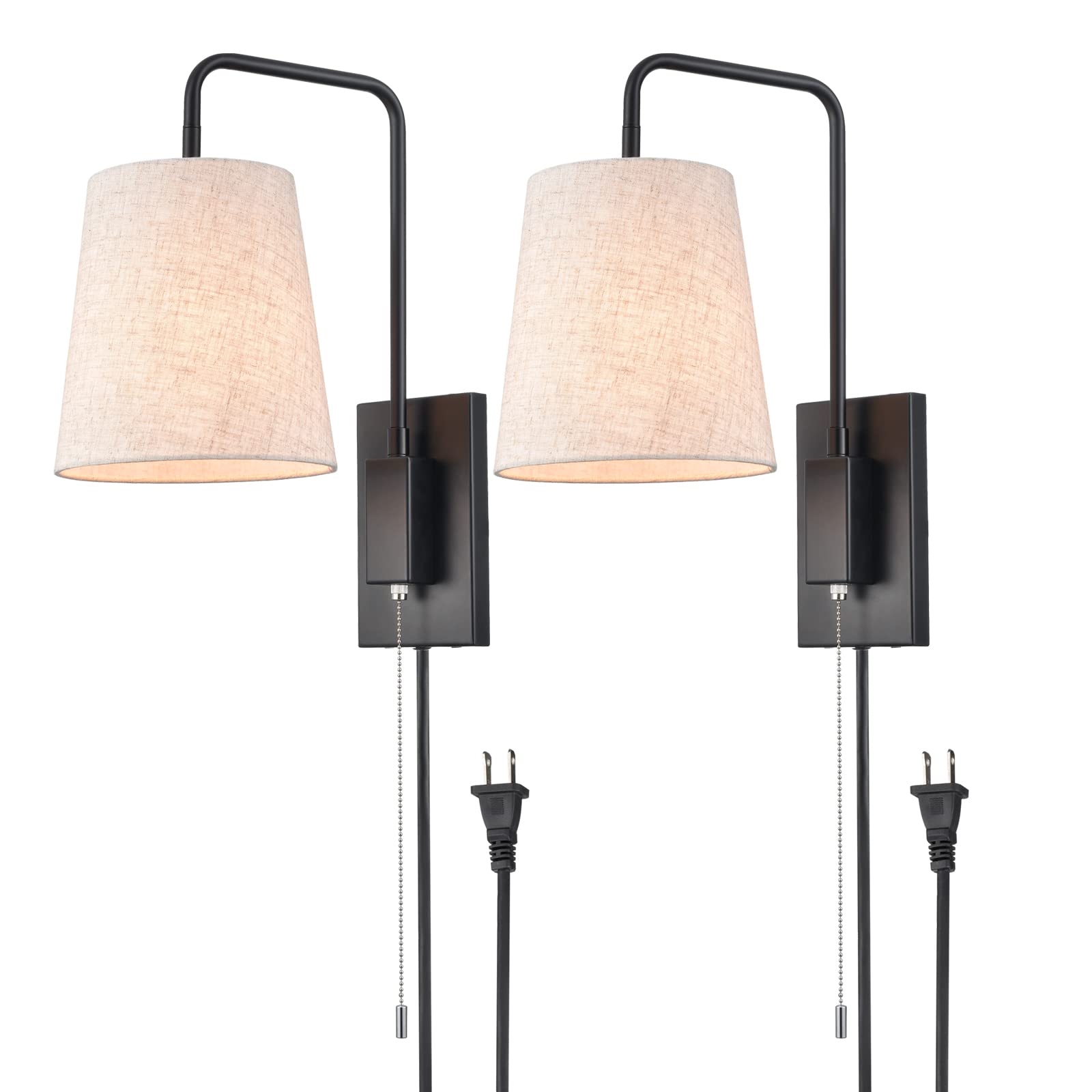 AXILAND Set of 2 Modern Black Fabric Plug-in Wall Sconces - Soft Lighting for Bedroom, Living Room, Hallway & Dorm Decor - Energy Efficient LED Wall Lamps for Cozy Ambiance