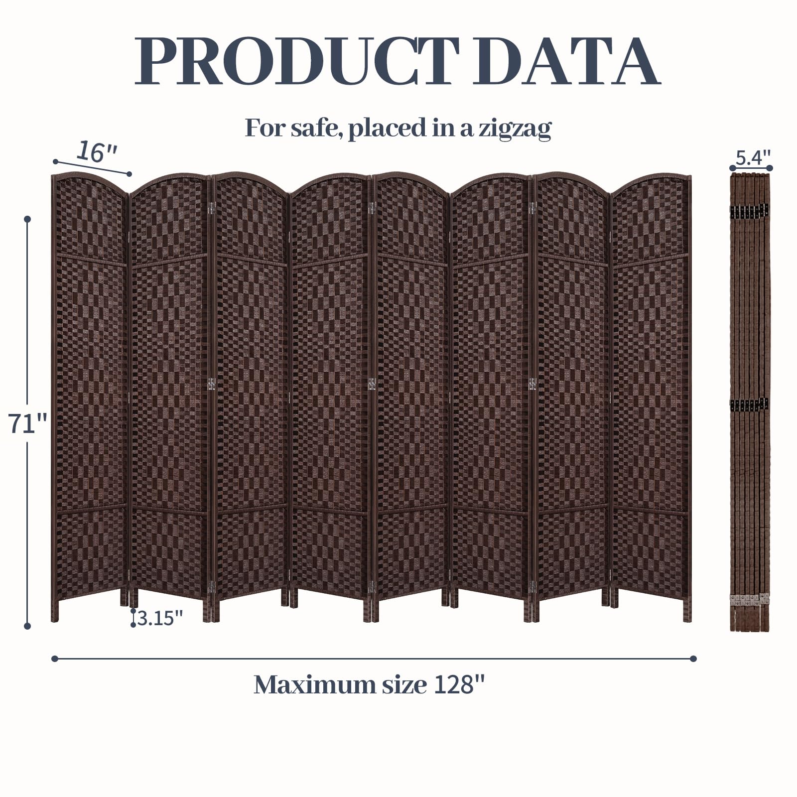 6FT Room Divider Folding Privacy Screen - 8 Panel Brown Space Separator for Home Office, Bedroom Partition & Room Separation - Portable Wall Divider for Indoor Privacy & Space Organization