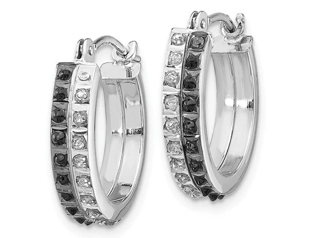 14K White Gold Round Hinged Hoop Earrings with White & Black Diamond Accents (2/3 Inch) - Perfect for Weddings, Parties & Everyday Elegance