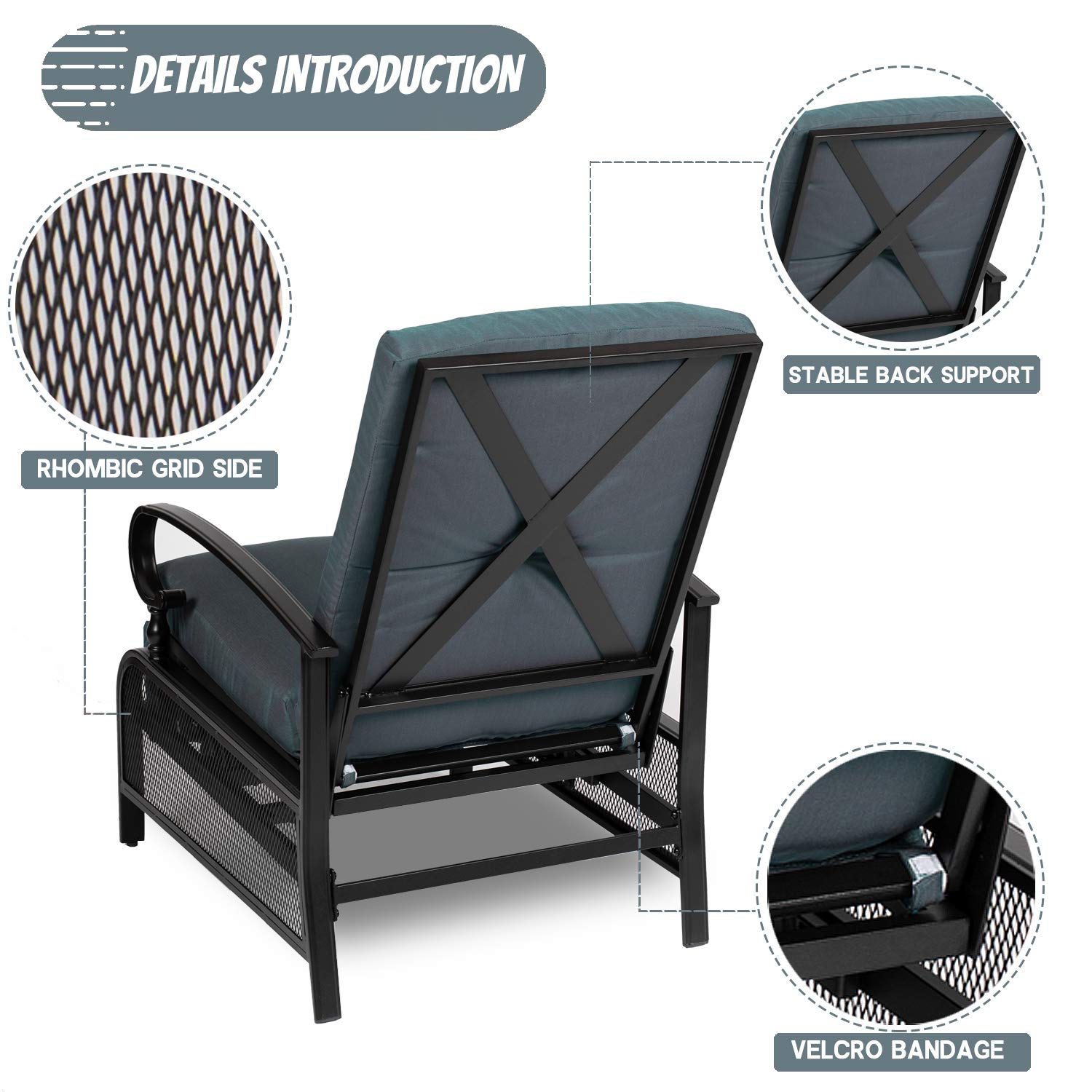 Incbruce Outdoor Lounge Chair - Adjustable Recliner Patio Furniture with Retractable Steel Frame & Removable Thick Cushions, Peacock Blue - Perfect for Poolside Relaxation, Backyard Lounging & Sunbathing