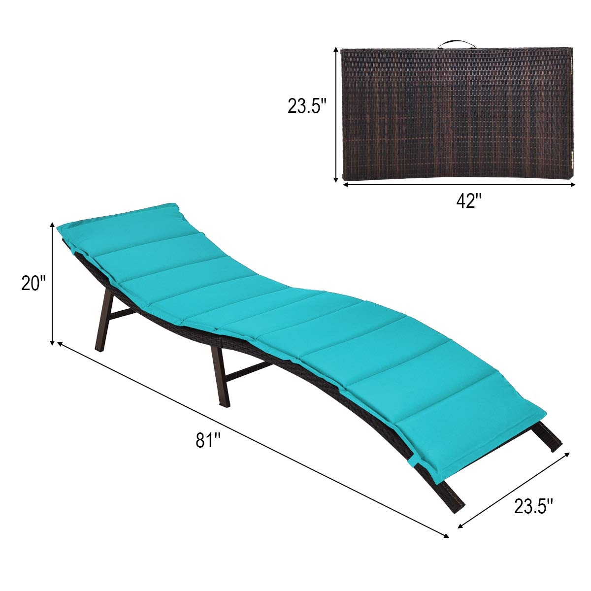 Tangkula Set of 2 Foldable Outdoor Patio Chaise Lounge Chairs with Double-Sided Cushions - Wicker Sunbeds for Poolside, Garden, Lawn, Backyard & Sunroom (Turquoise) - Perfect for Relaxing, Sunbathing and Outdoor Lounging