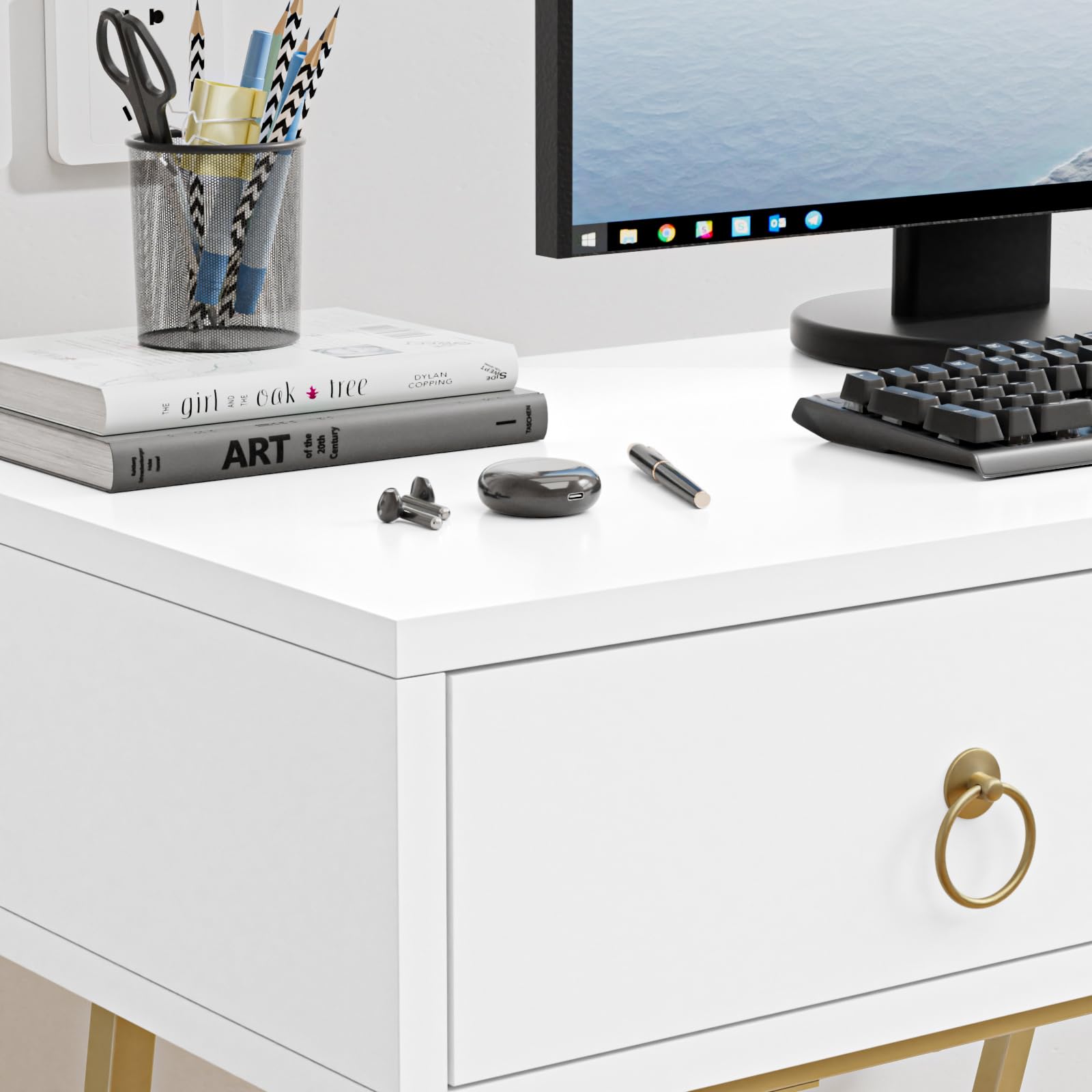 Anmytek 35.4 Inch Modern White Home Office Desk with 2 Drawers & Golden Legs - Study Writing Computer Makeup Vanity Table for Small Spaces, Dorm Room, Bedroom Workspace (Model D0002)