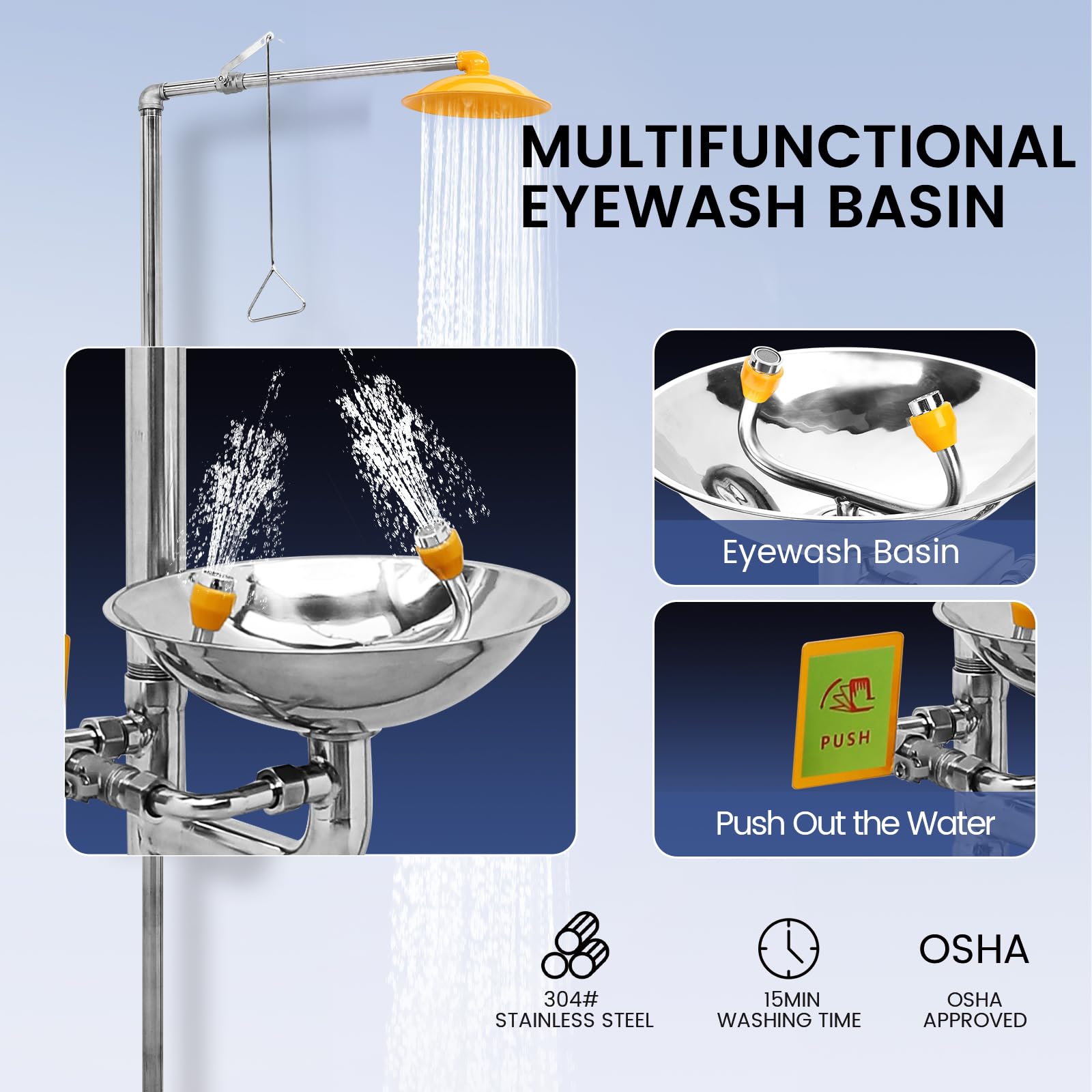 Stainless Steel Emergency Eye Wash Station with Shower - ANSI Compliant Eyewash and Shower Kit for Industrial Safety - First Aid Equipment for Chemical Splash Protection in Labs & Factories