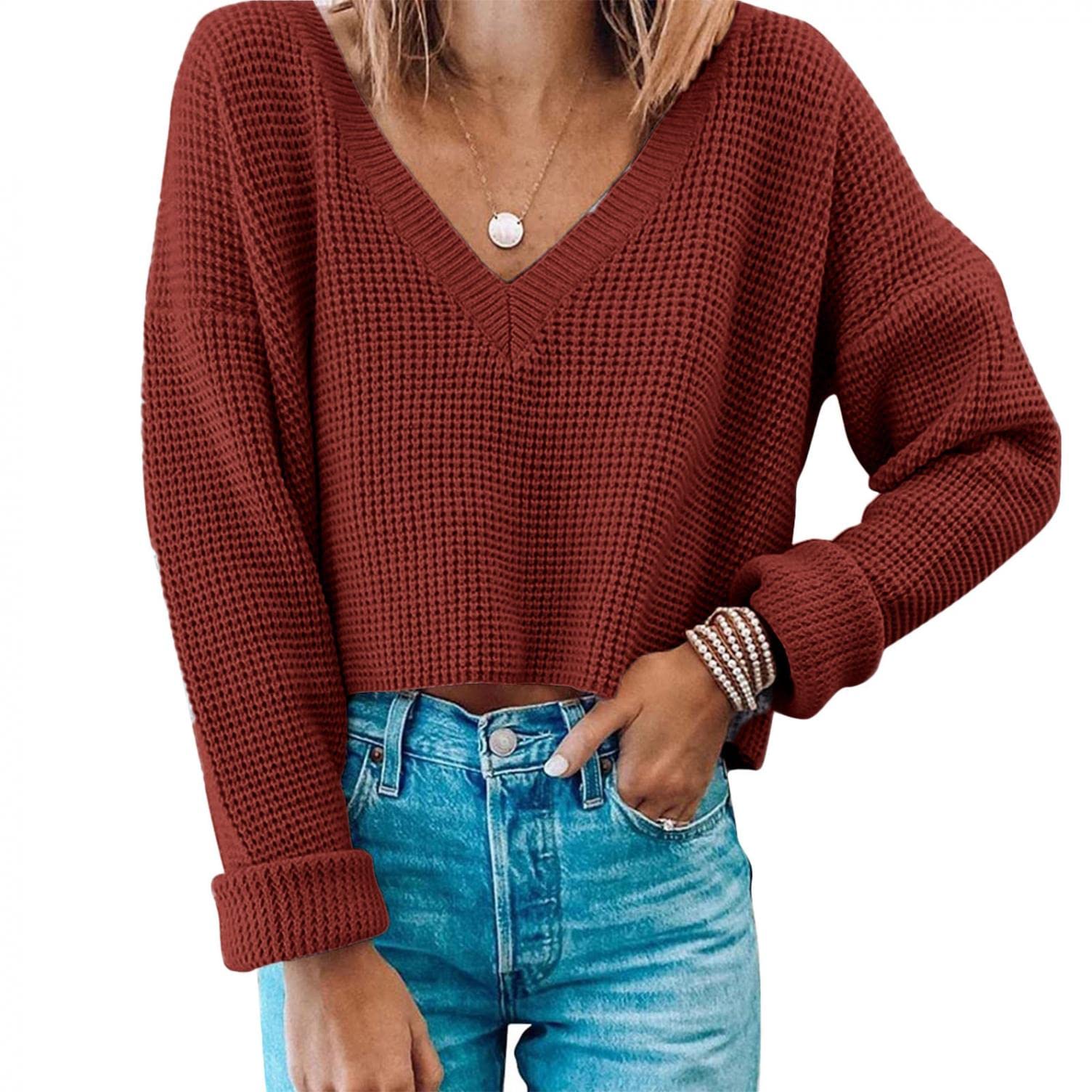 Women's V-Neck Knit Sweater - Long Sleeve Casual Pullover for Everyday Wear