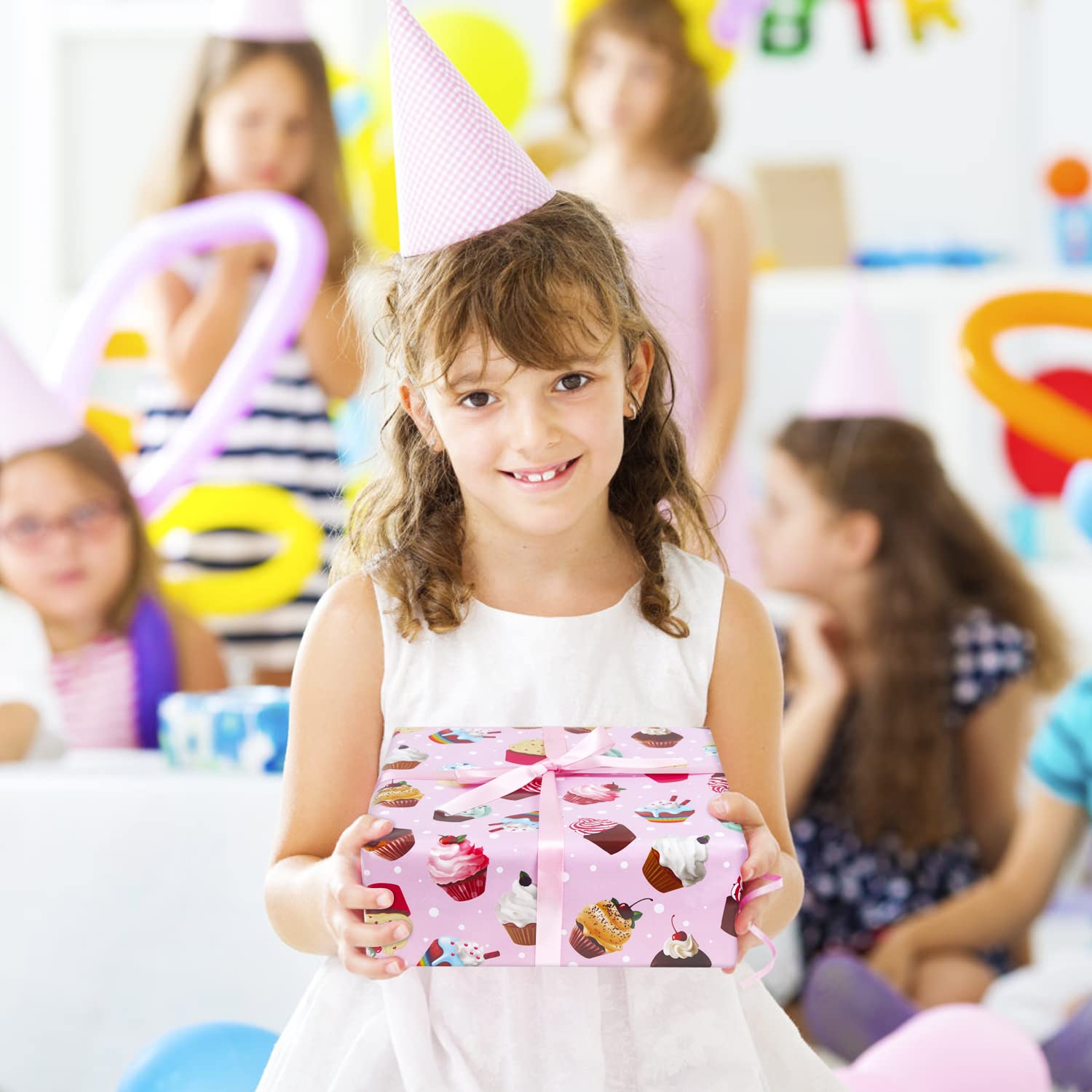 Pink Cupcake Birthday Wrapping Paper - 7 Sheets 20x28 Inch Gift Wrap with Ribbon for Kids, Girls, Boys | Perfect for Birthday Parties, Baby Showers & Gift Giving