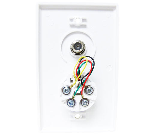 CAT3 Wall Plate with F81 & TV Jack - 4 Conductor Single Port Flush Mount White | Ideal for Home Theater & Office Network Installations