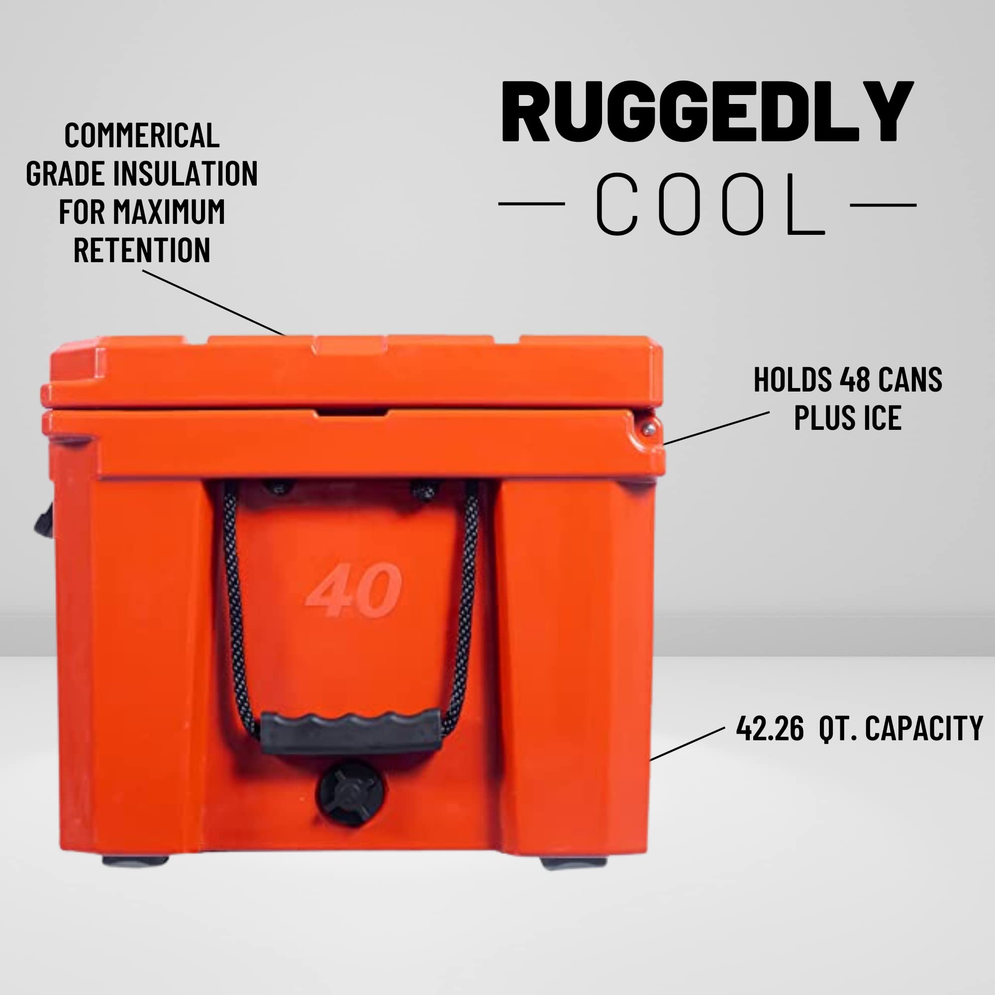 CAMP-ZERO 40L-42 Quart Heavy Duty Hard Cooler Ice Chest - Portable Cooler for Drinks, Beach, Picnics, Boating, Hunting, Camping & Travel - Features 4 Molded-in Cup Holders & Comfort Grip Handles - Ideal for Outdoor Adventures, Tailgating, BBQs & Family Outings
