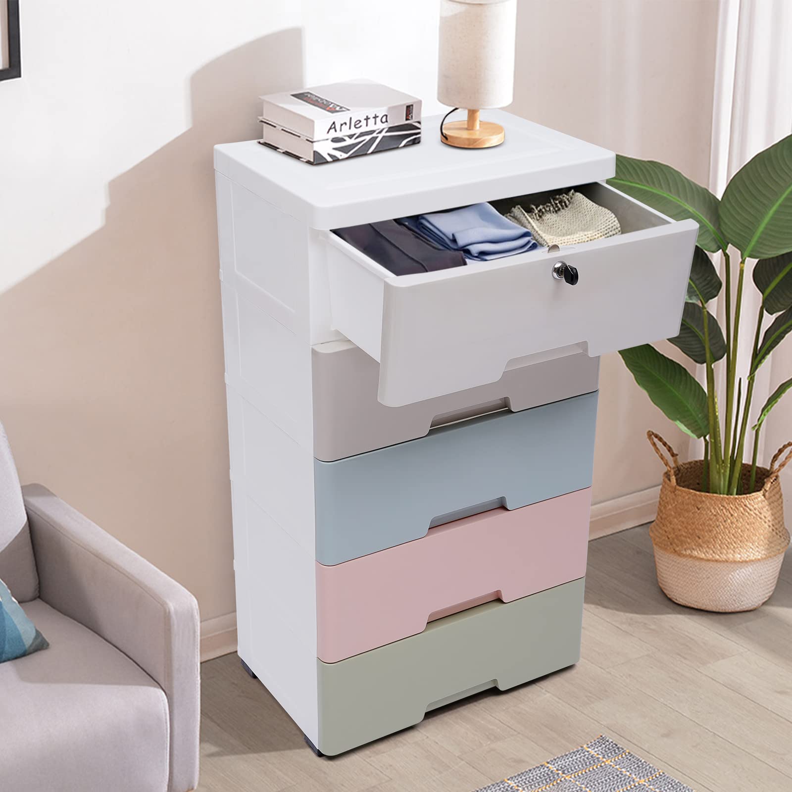 5-Drawer Stackable Plastic Storage Dresser with Wheels - 17.72 x 11.81 x 33.07 Inch Vertical Organizer Cabinet for Kids Clothes, Baby Nursery & Bedroom Furniture - Perfect for Small Space Organization & Toy Storage