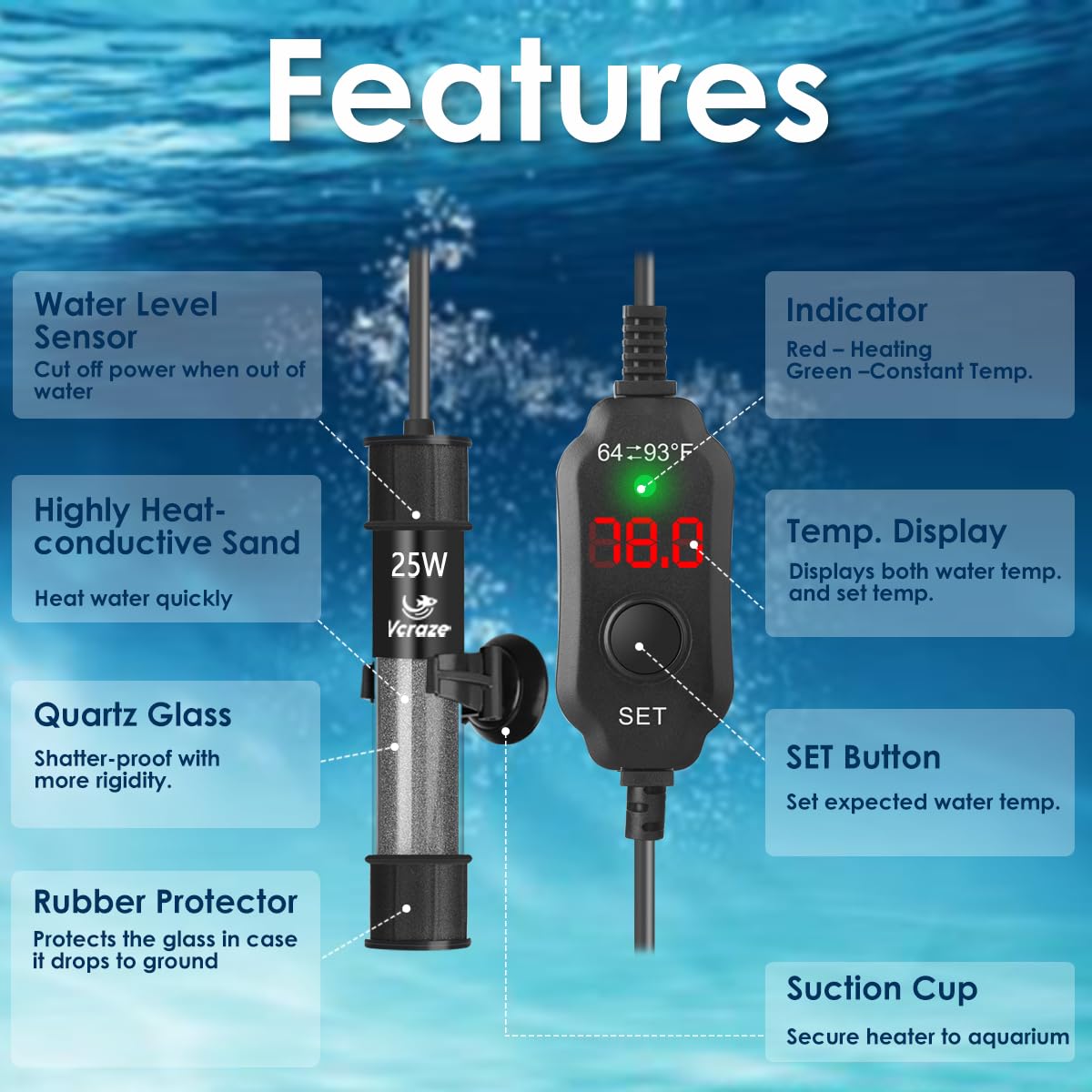 25W Submersible Aquarium Heater with Digital LED Display - Compact Fish Tank Heater for 3-5 Gallon Tanks - Perfect for Small Betta Tanks & Nano Aquariums