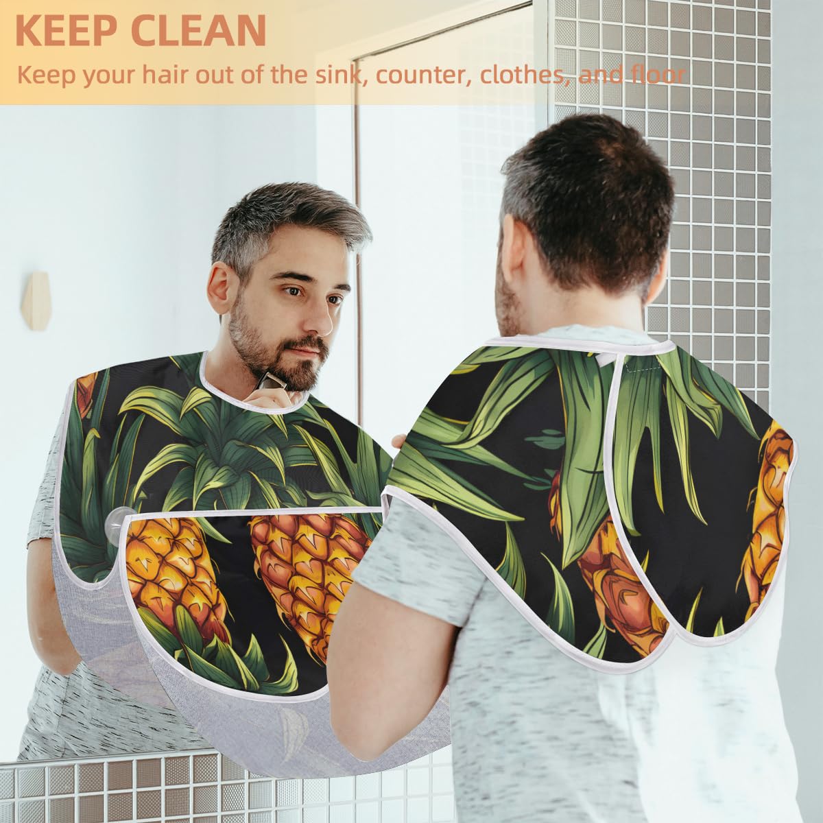 Pineapple Print Beard Shaving Bib for Men - Waterproof Barber Cape for Haircut, Makeup & Hair Dye - Sink Hair Catcher with Gift Box - Perfect for Home Grooming & Salon Use