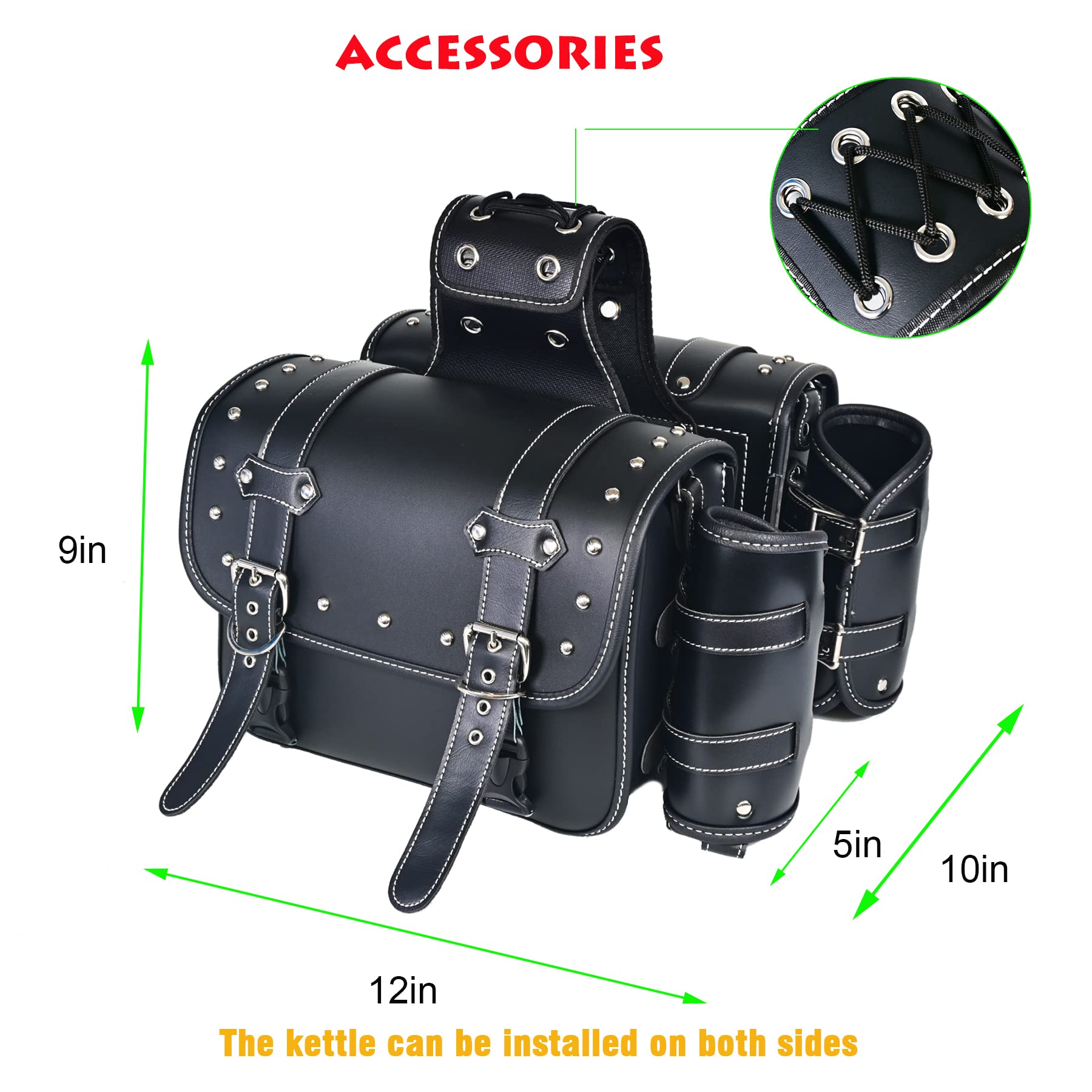 Waterproof PVC Leather Motorcycle Saddlebags - Universal Throw Over Panniers with Cup Holder & Side Tool Storage (1 Pair, Black with Brown Belt) | Durable Motorbike Luggage for Touring, Commuting & Adventure Rides