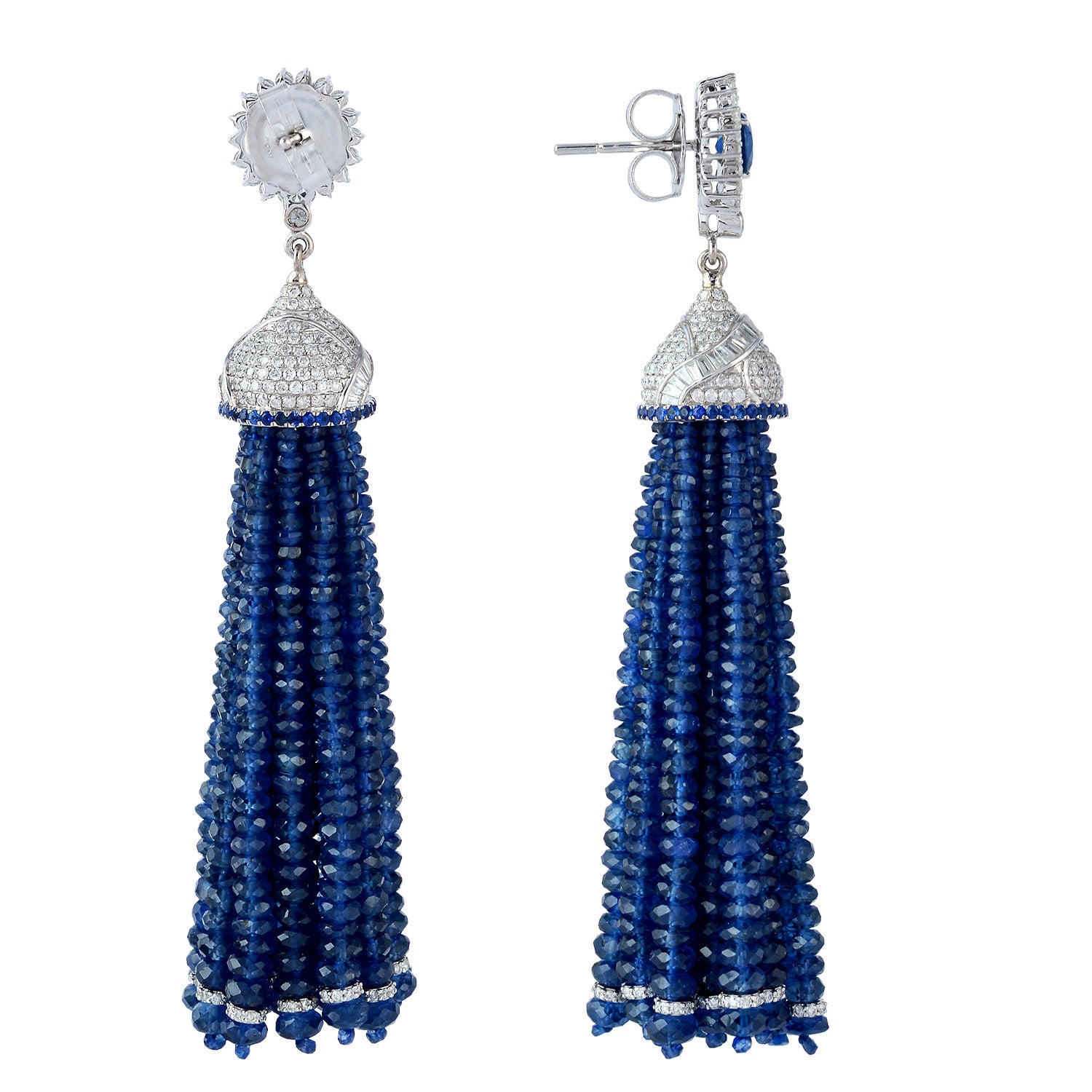 18K White Gold Faceted Blue Sapphire Beads with Pave Diamond Tassel Earrings for Women - Elegant Dangling Jewelry for Weddings, Parties & Special Occasions