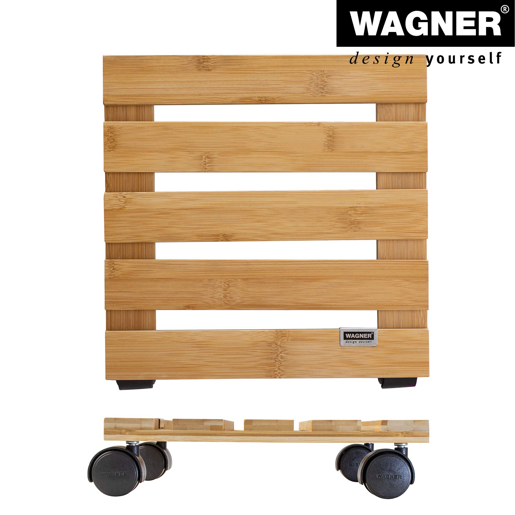 WAGNER Bamboo Plant Caddy with Wheels - 11.42 x 11.42 x 2.76 Inch Indoor Flower Stand - 220 lbs Capacity Wooden Plant Mover for Potted Plants, Home Decor, and Garden Use