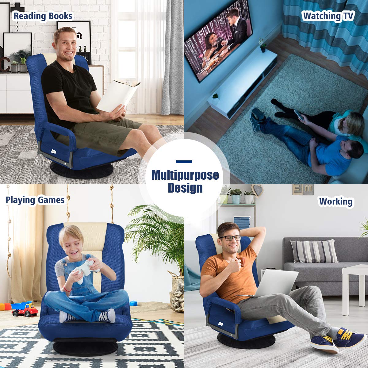 GOFLAME 360 Degree Swivel Gaming Floor Chair - Adjustable 6-Position Backrest & Armrest - Foldable Lazy Sofa Lounger for Adults - Perfect for TV Watching, Reading, Video Games & Home Office (Blue/Beige)